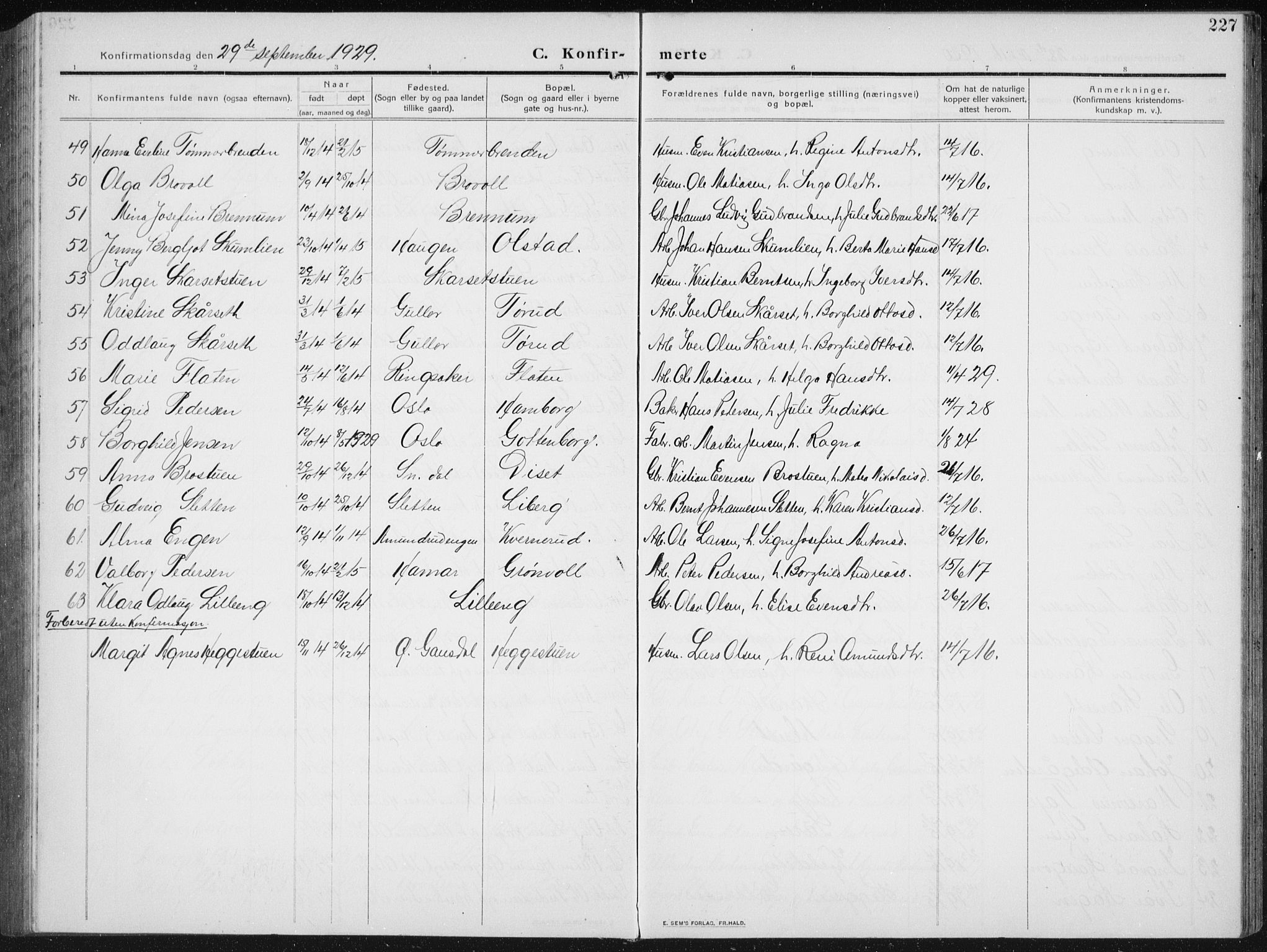 Biri prestekontor, AV/SAH-PREST-096/H/Ha/Hab/L0006: Parish register (copy) no. 6, 1909-1938, p. 227