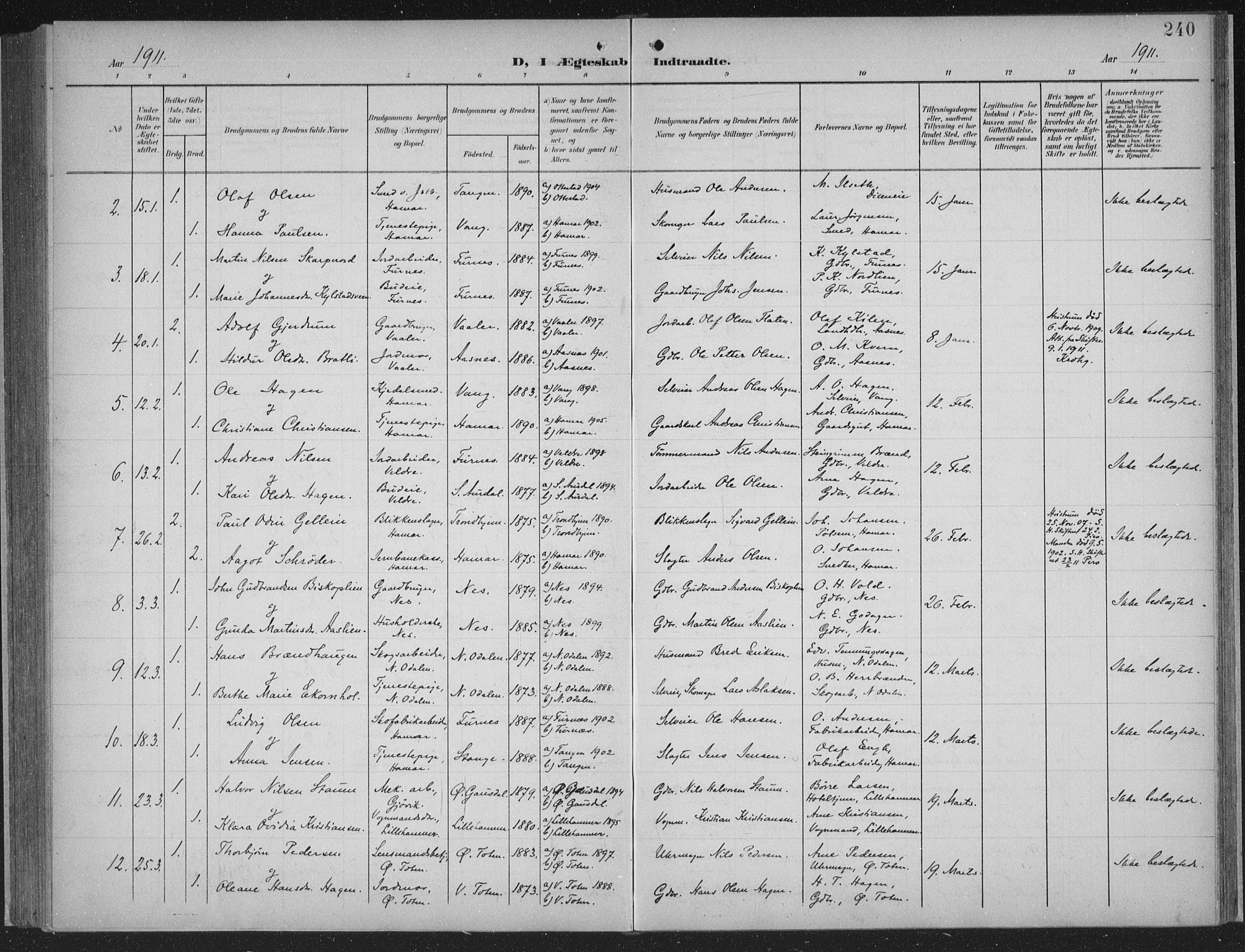 Hamar prestekontor, AV/SAH-DOMPH-002/H/Ha/Haa/L0001: Parish register (official) no. 1, 1900-1914, p. 240