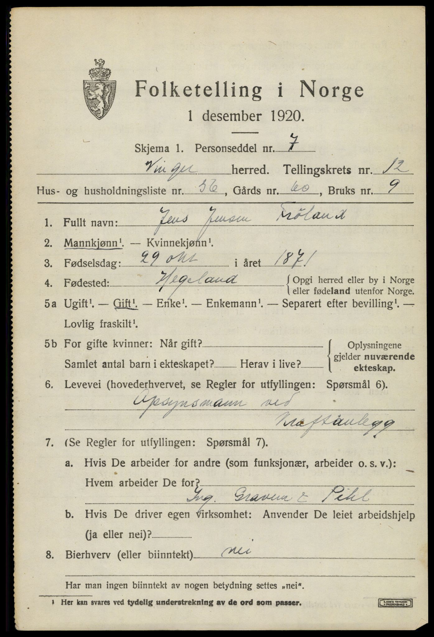 SAH, 1920 census for Vinger, 1920, p. 10792