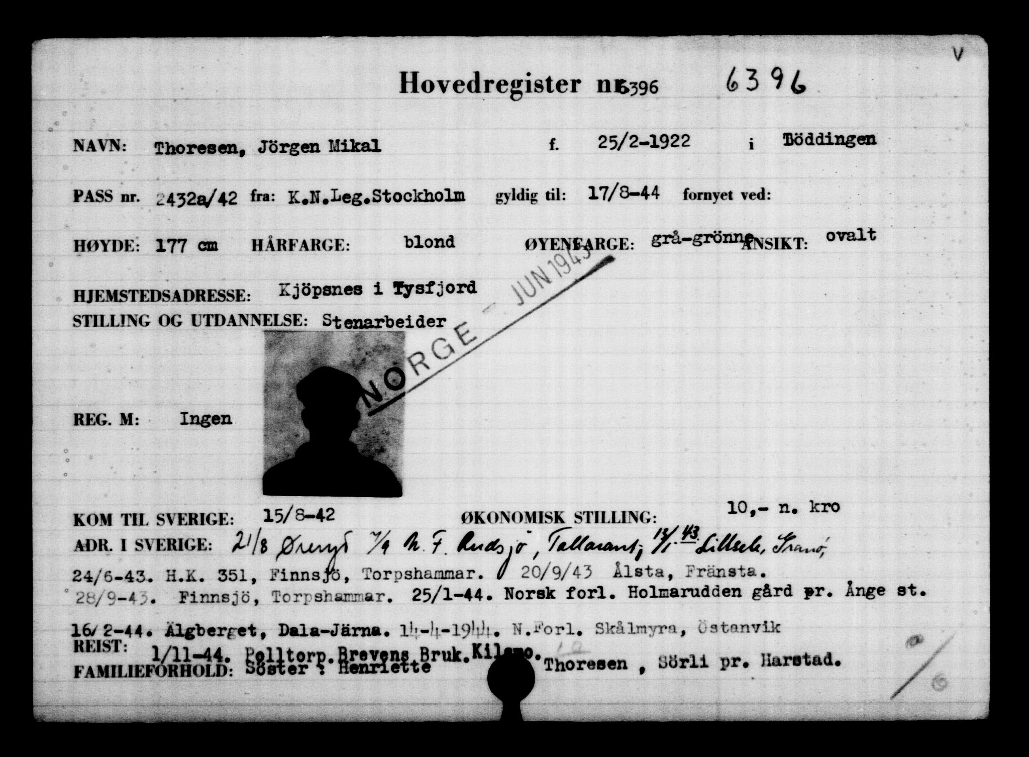 Utenriksstasjonene, Legasjonen i Stockholm, Flyktningkontoret, AV/RA-S-6753/V/Va/L0004: Kjesäterkartoteket, flyktninger med registreringsnr. 3496-6610, 1940-1945, p. 3428