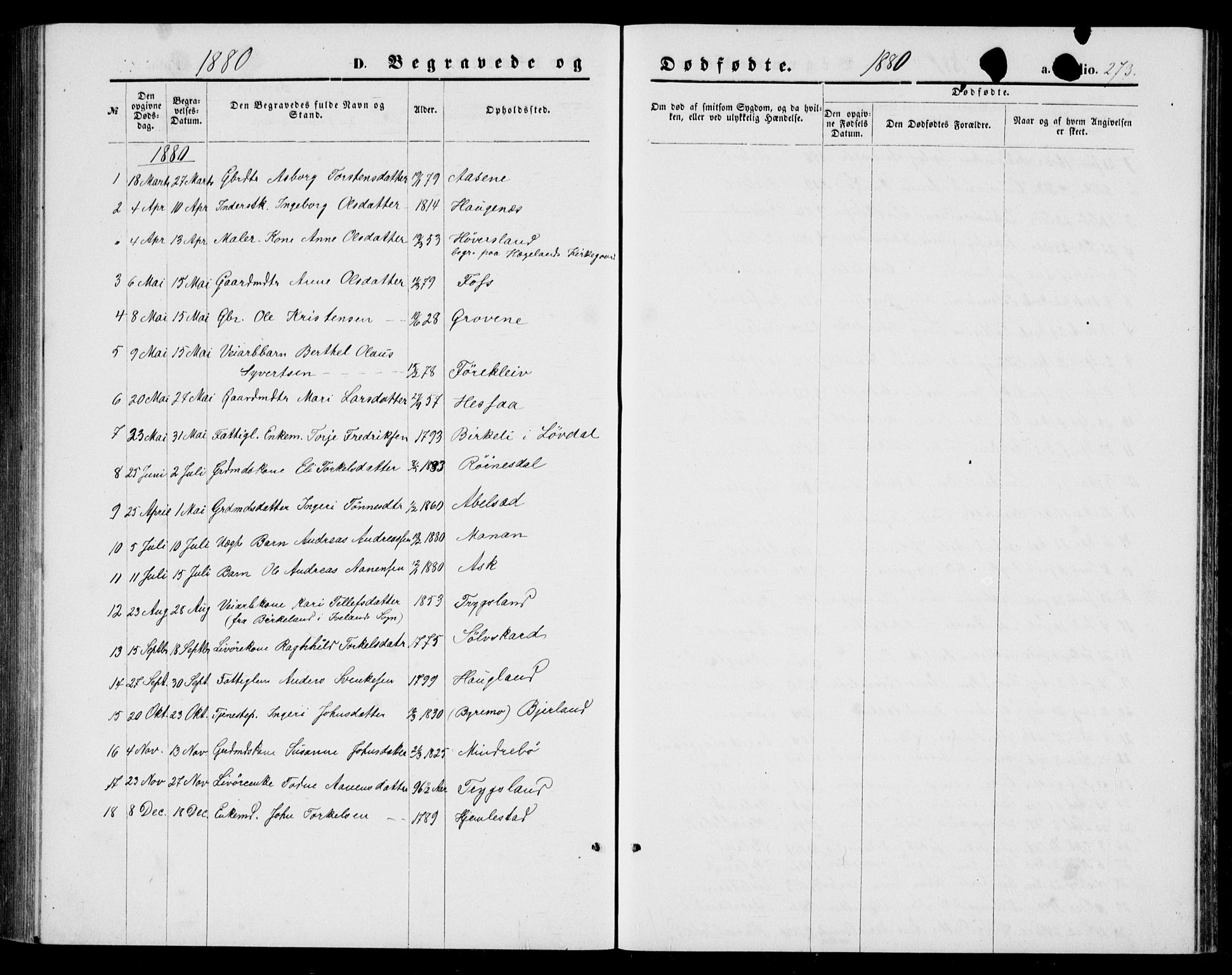 Bjelland sokneprestkontor, AV/SAK-1111-0005/F/Fb/Fba/L0004: Parish register (copy) no. B 4, 1869-1886, p. 273