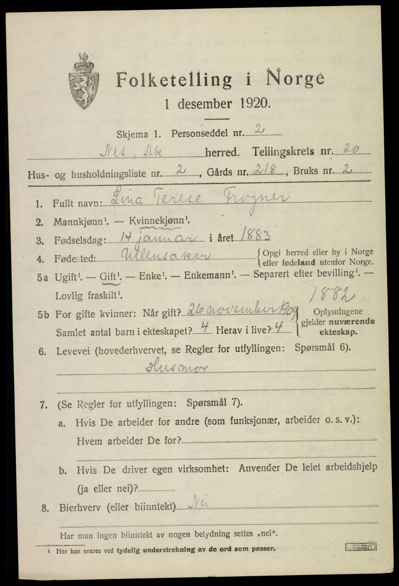 SAO, 1920 census for Nes, 1920, p. 21074