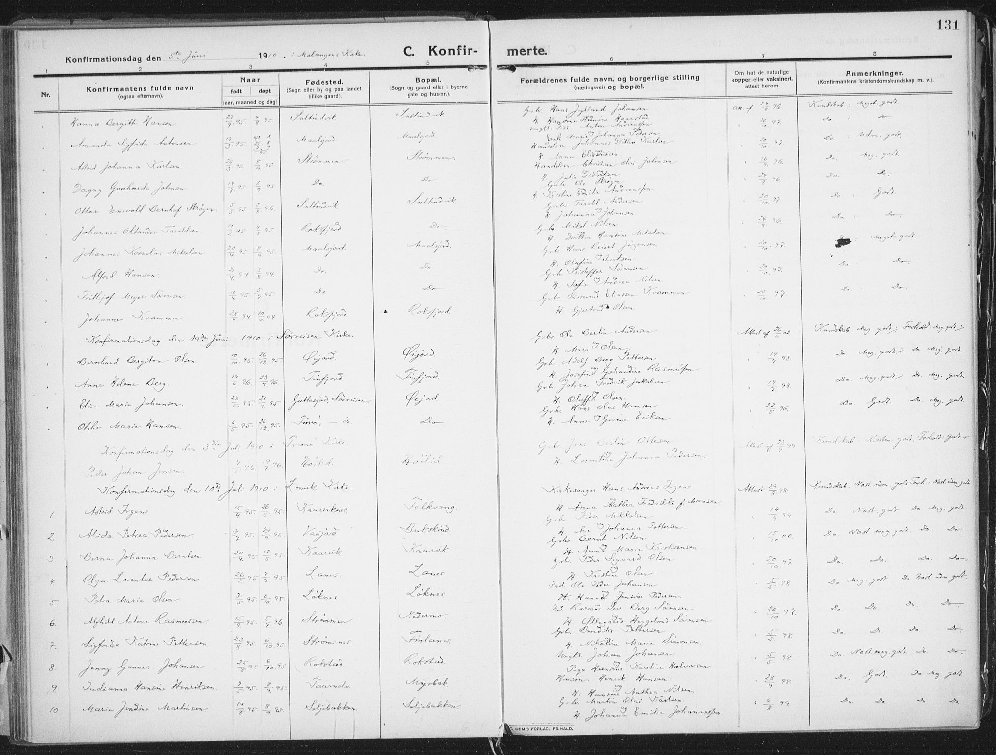 Lenvik sokneprestembete, SATØ/S-1310/H/Ha/Haa/L0016kirke: Parish register (official) no. 16, 1910-1924, p. 131