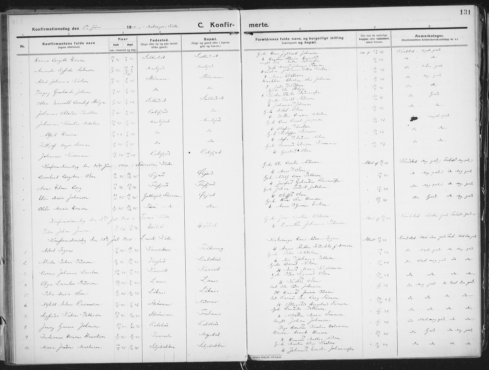 Lenvik sokneprestembete, AV/SATØ-S-1310/H/Ha/Haa/L0016kirke: Parish register (official) no. 16, 1910-1924, p. 131