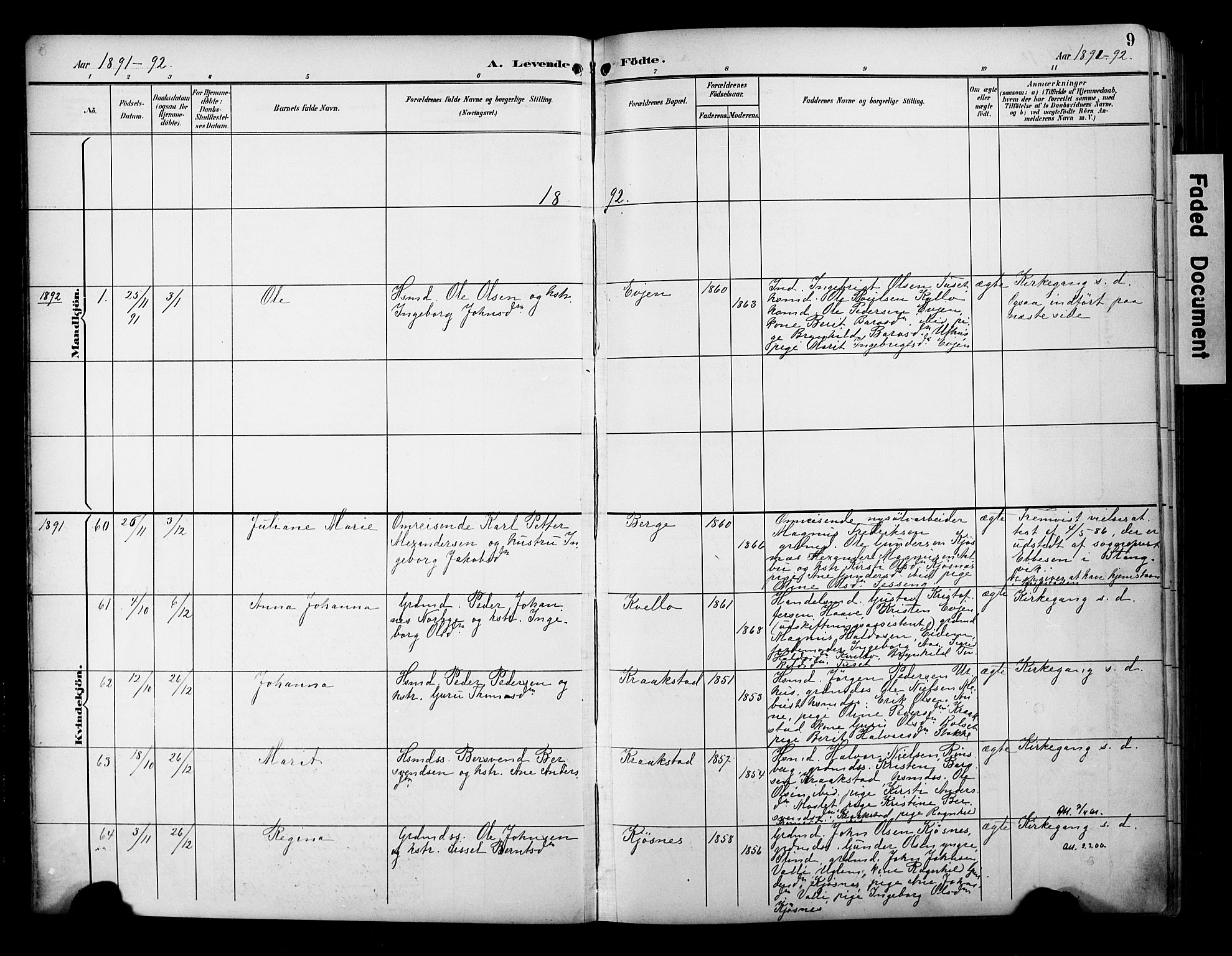 Ministerialprotokoller, klokkerbøker og fødselsregistre - Sør-Trøndelag, SAT/A-1456/695/L1149: Parish register (official) no. 695A09, 1891-1902, p. 9