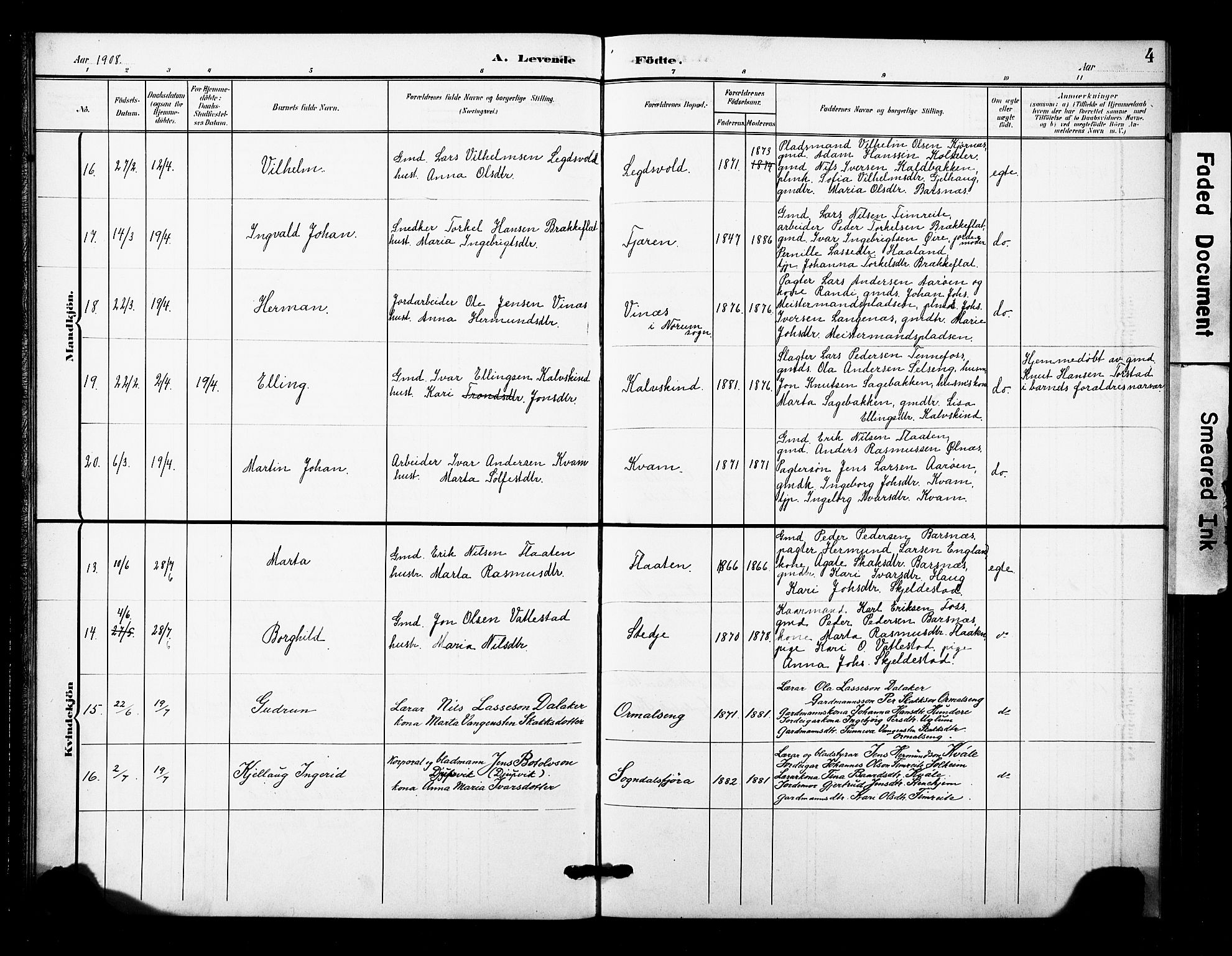 Sogndal sokneprestembete, AV/SAB-A-81301/H/Hab/Haba/L0002: Parish register (copy) no. A 2, 1908-1924, p. 4