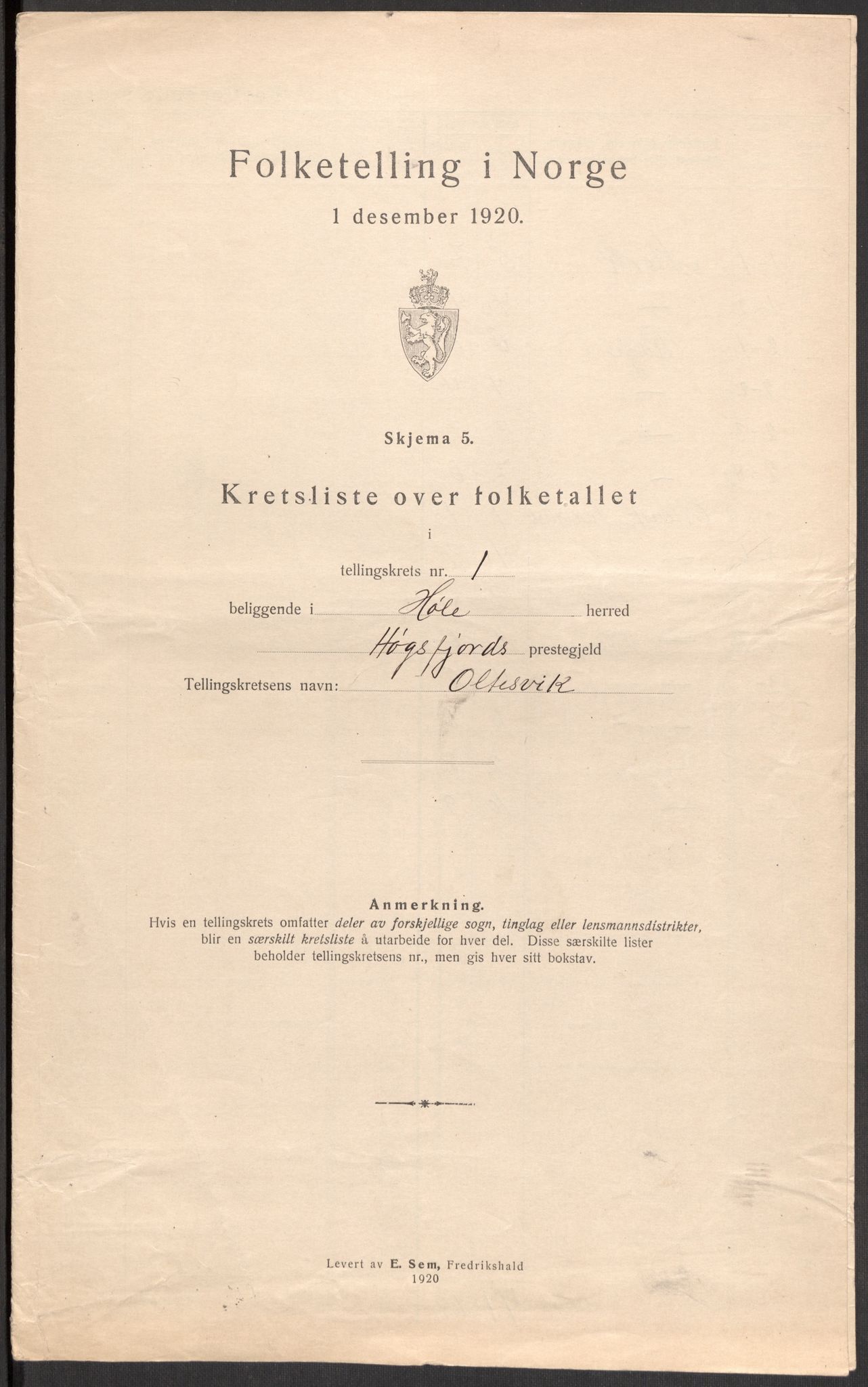 SAST, 1920 census for Høle, 1920, p. 12