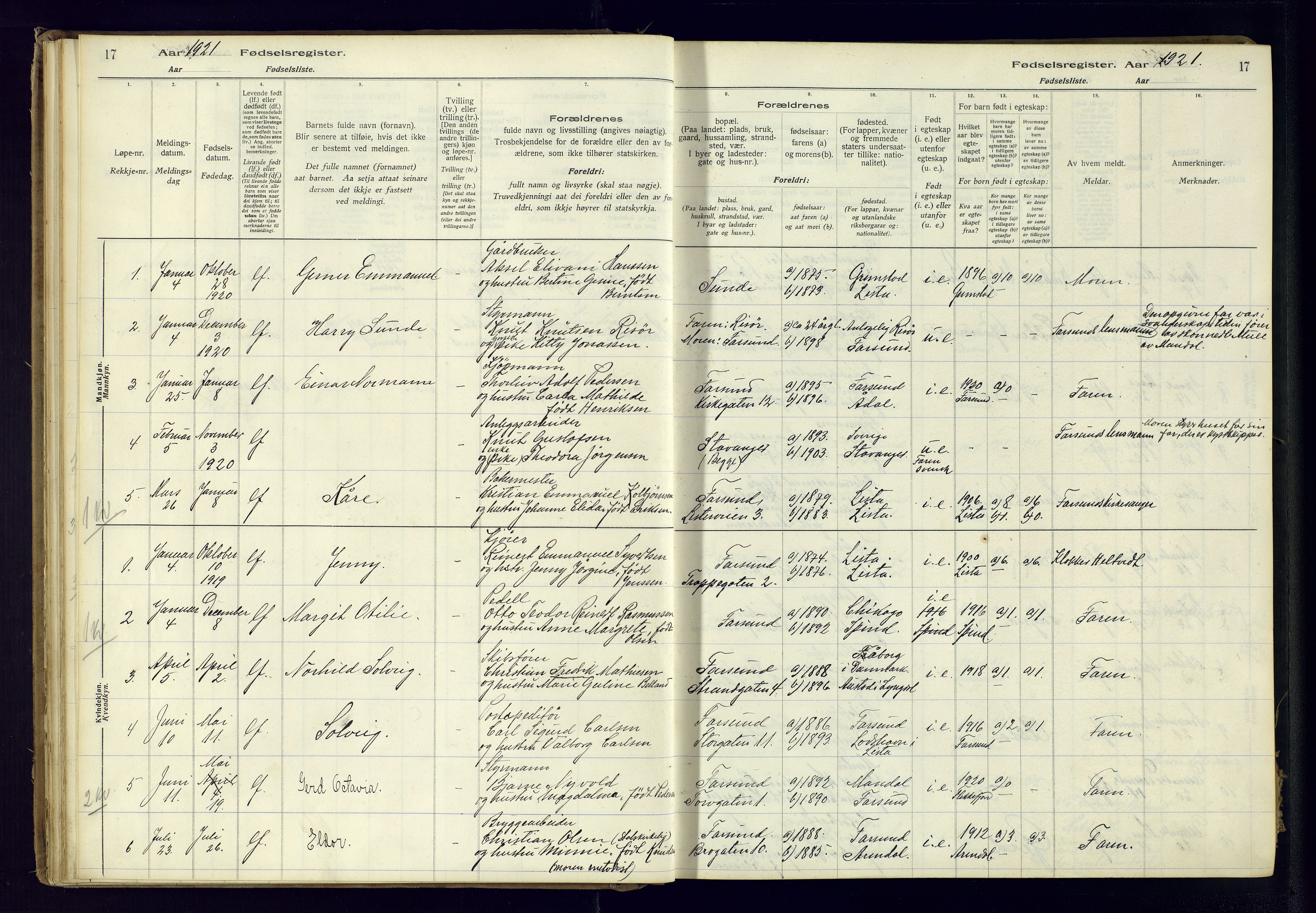 Farsund sokneprestkontor, SAK/1111-0009/J/Ja/L0001: Birth register no. A-VI-8, 1916-1950, p. 17