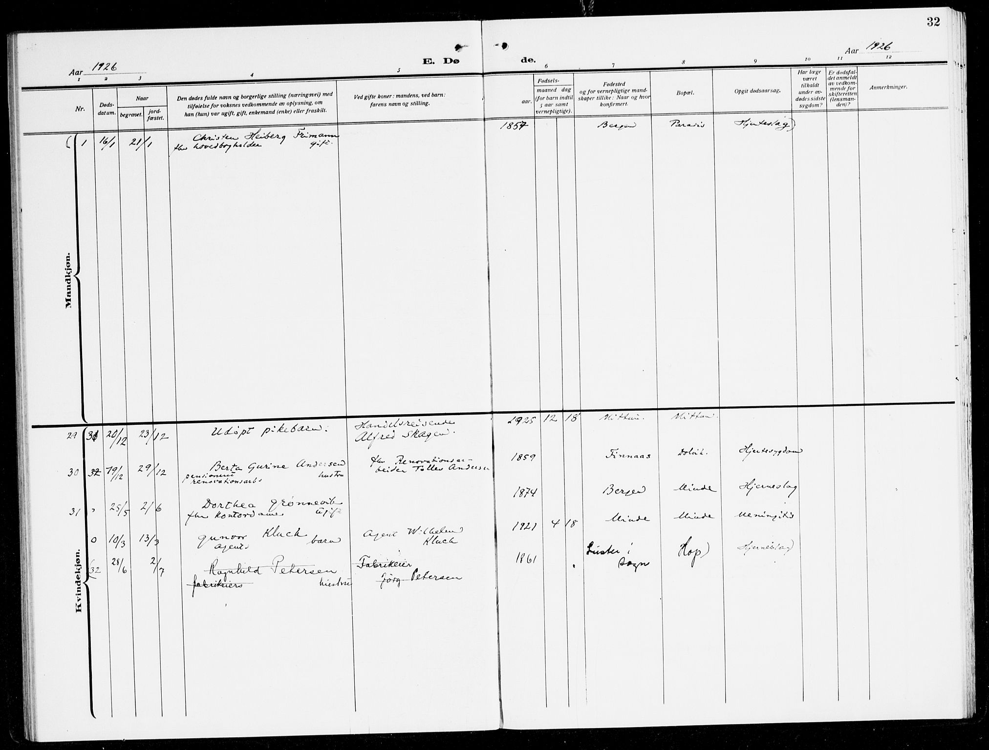 Fana Sokneprestembete, SAB/A-75101/H/Haa/Haal/L0001: Parish register (official) no. L 1, 1919-1939, p. 32