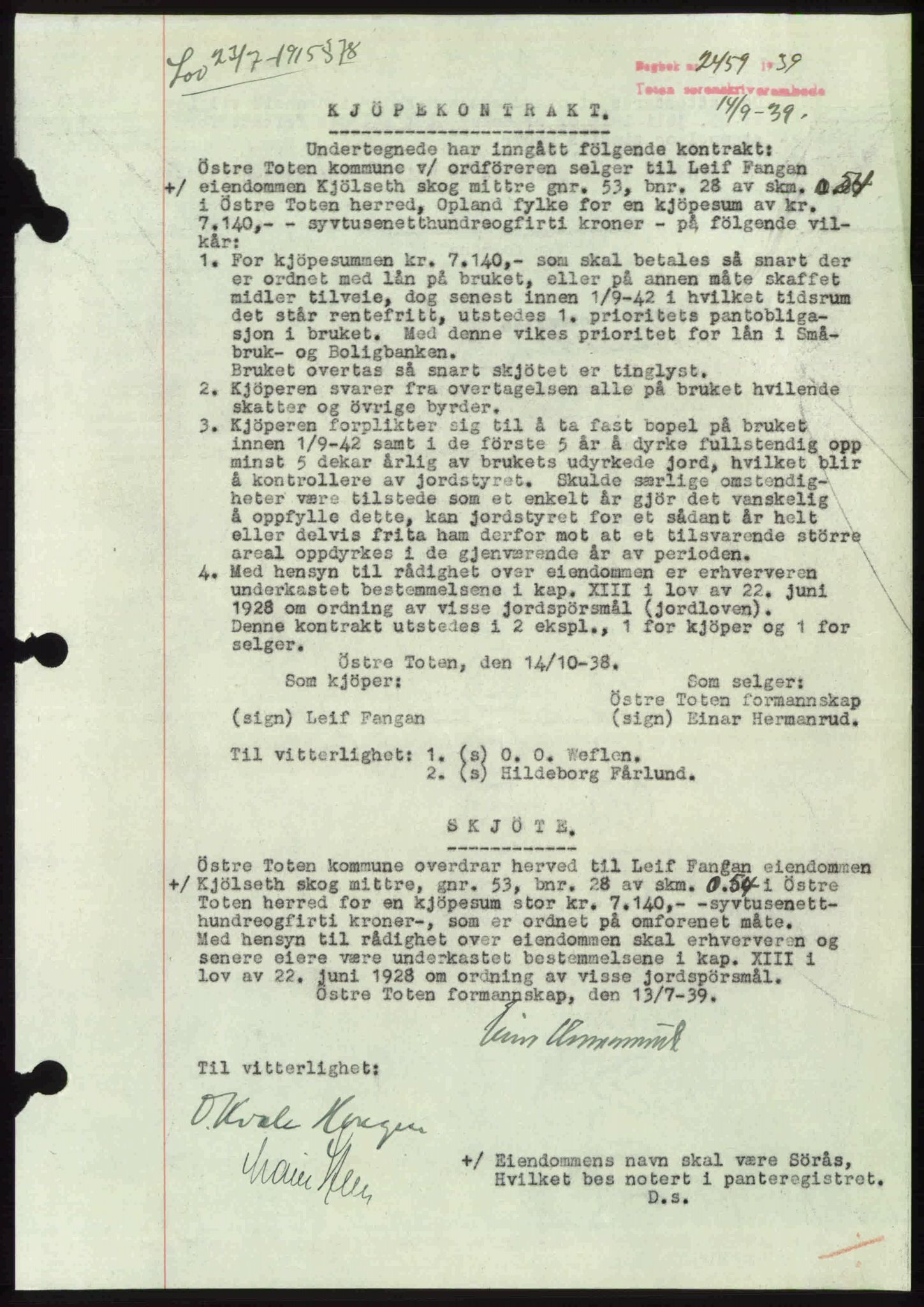 Toten tingrett, SAH/TING-006/H/Hb/Hbc/L0006: Mortgage book no. Hbc-06, 1939-1939, Diary no: : 2459/1939