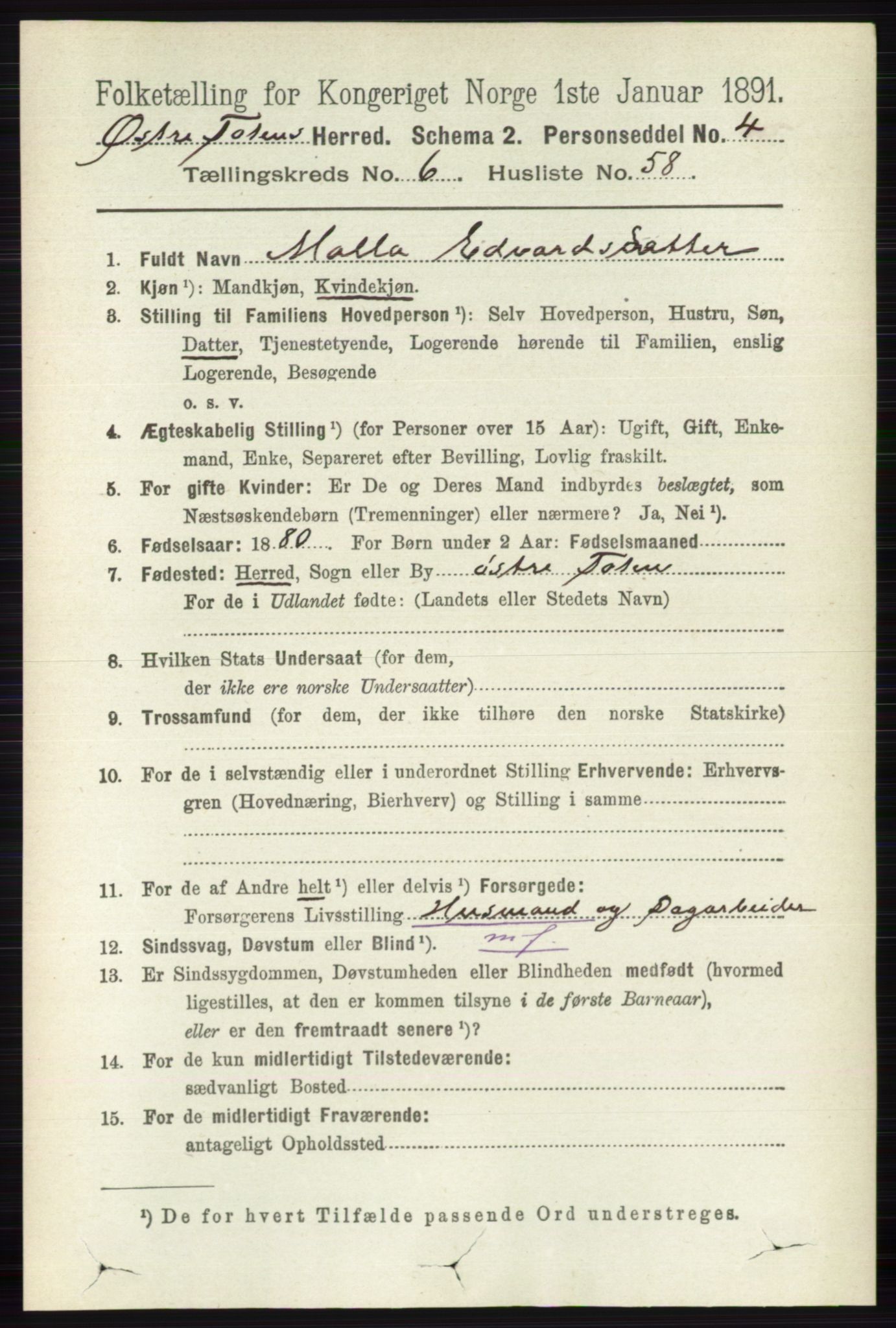 RA, 1891 census for 0528 Østre Toten, 1891, p. 4134