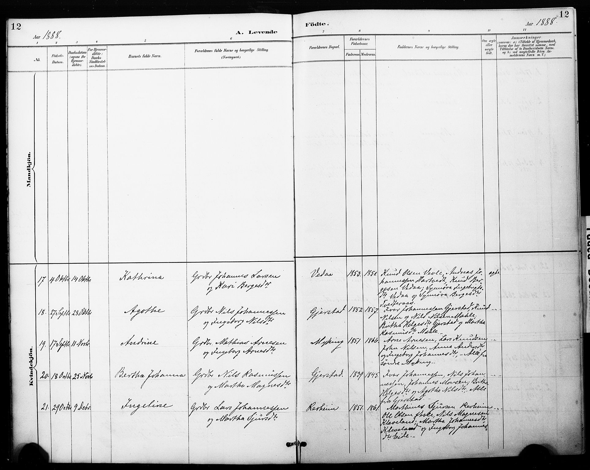 Haus sokneprestembete, AV/SAB-A-75601/H/Haa: Parish register (official) no. C 1, 1887-1899, p. 12