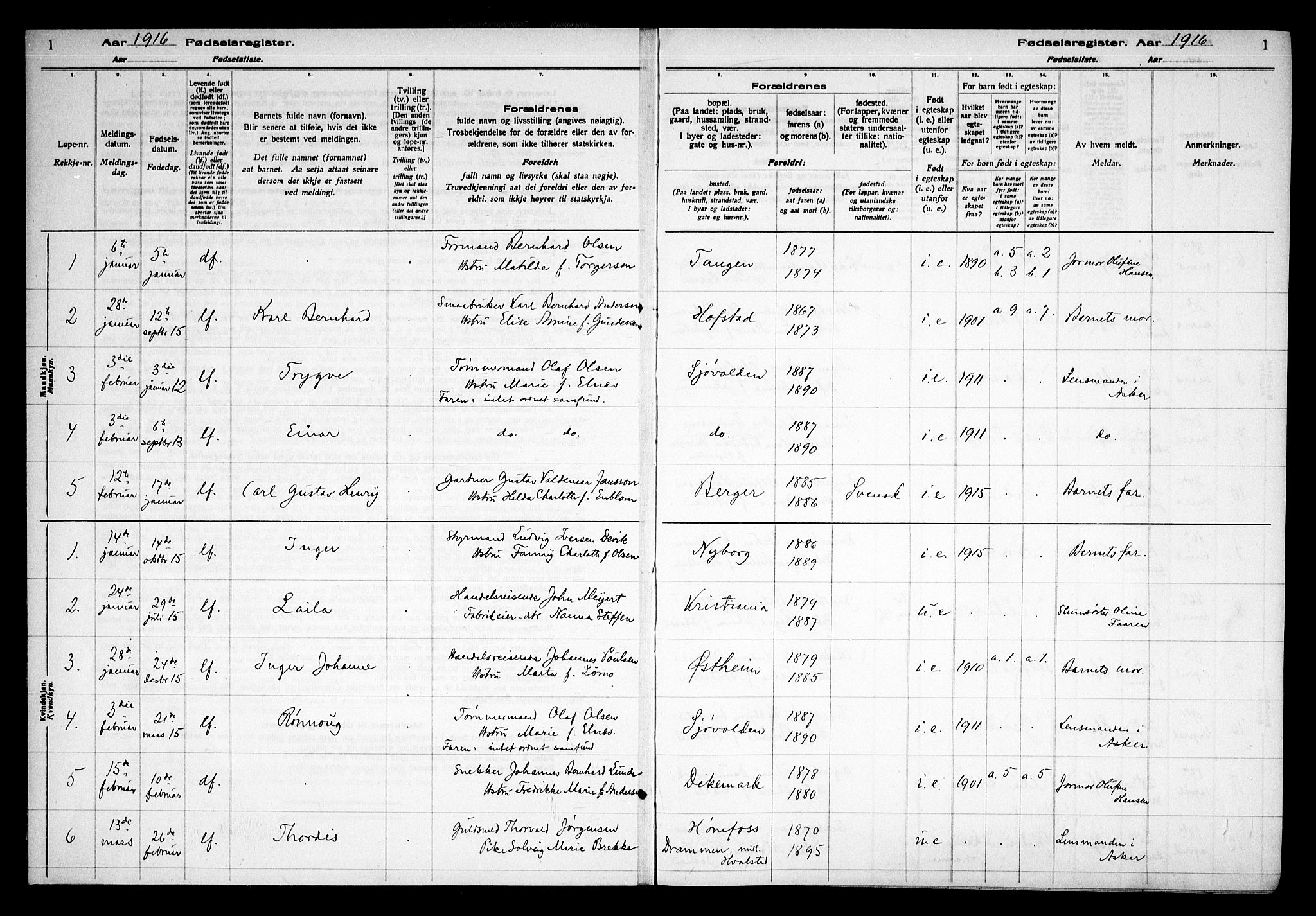 Asker prestekontor Kirkebøker, AV/SAO-A-10256a/J/L0001: Birth register no. 1, 1916-1925, p. 1