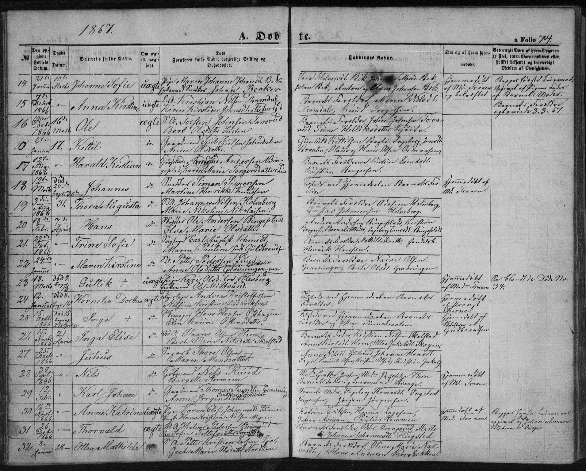 Kongsberg kirkebøker, SAKO/A-22/F/Fa/L0010: Parish register (official) no. I 10, 1859-1875, p. 74