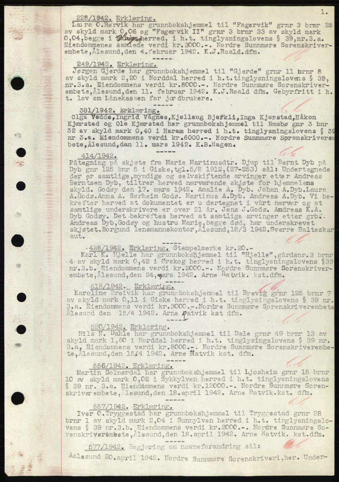 Nordre Sunnmøre sorenskriveri, AV/SAT-A-0006/1/2/2C/2Ca: Mortgage book no. A13, 1942-1942, Diary no: : 228/1942