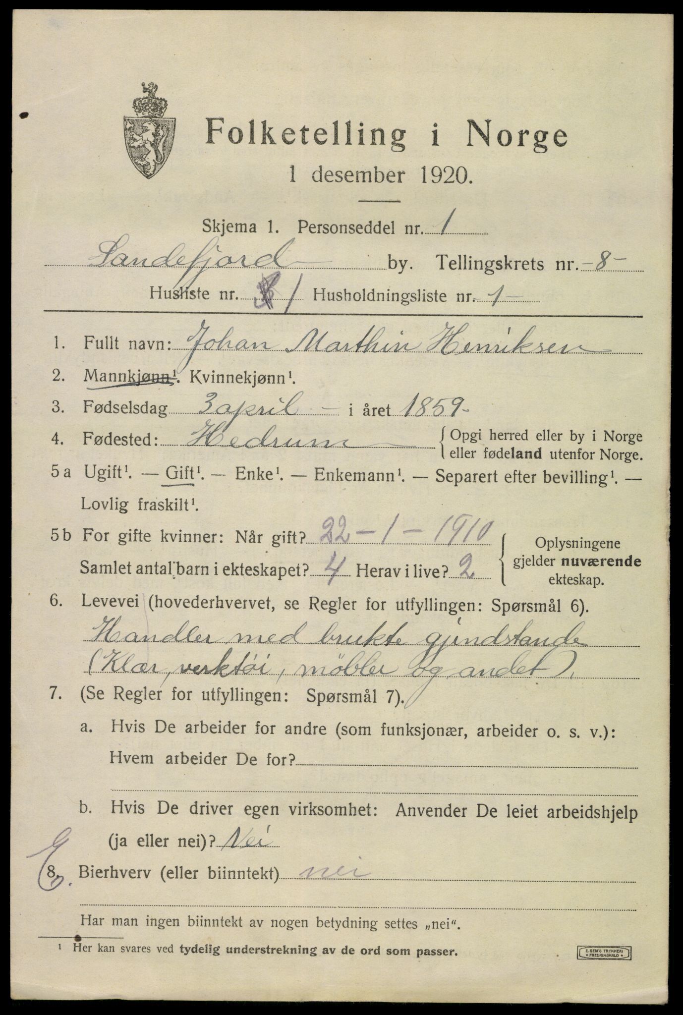 SAKO, 1920 census for Sandefjord, 1920, p. 11648