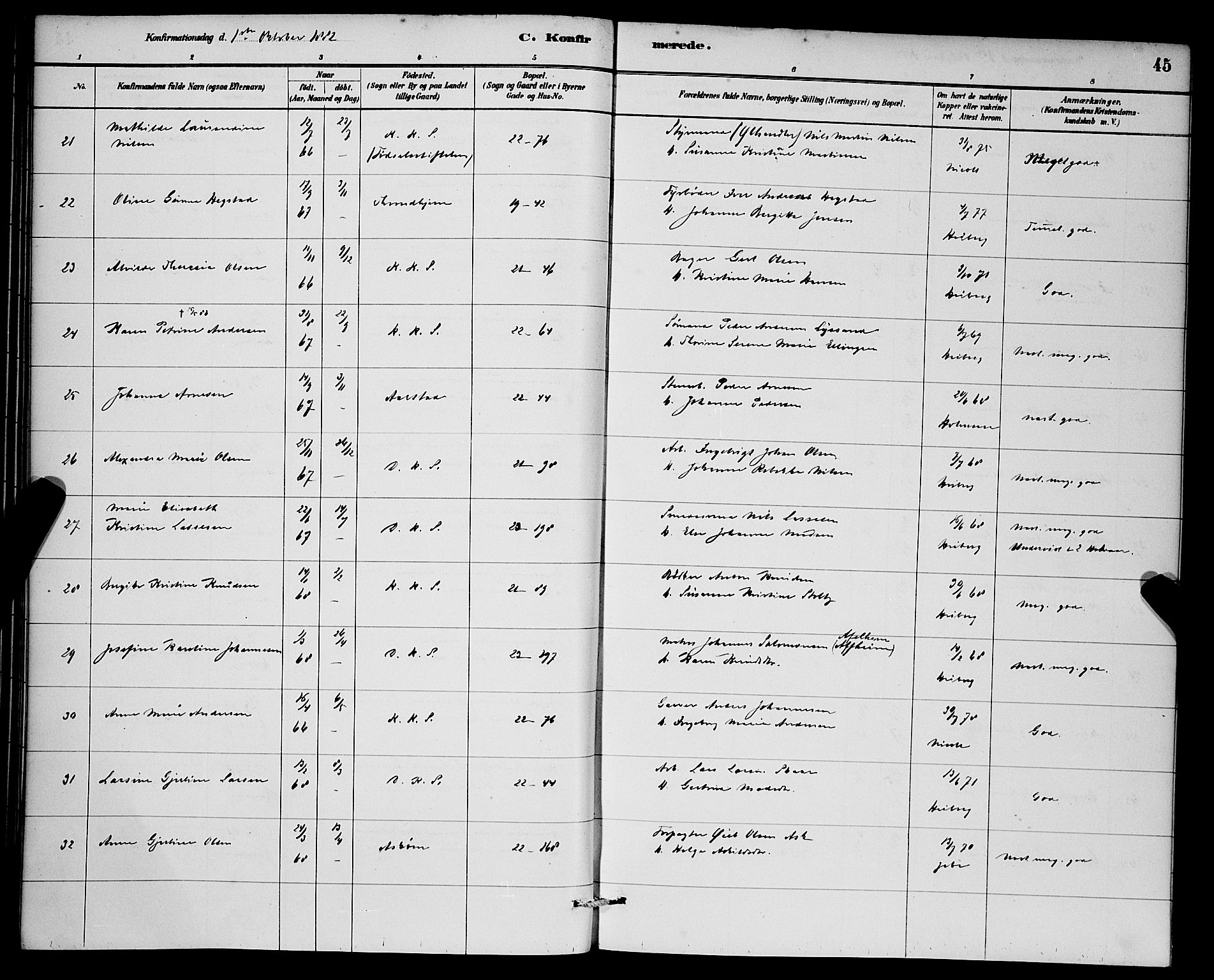 Korskirken sokneprestembete, AV/SAB-A-76101/H/Hab: Parish register (copy) no. C 3, 1880-1892, p. 45