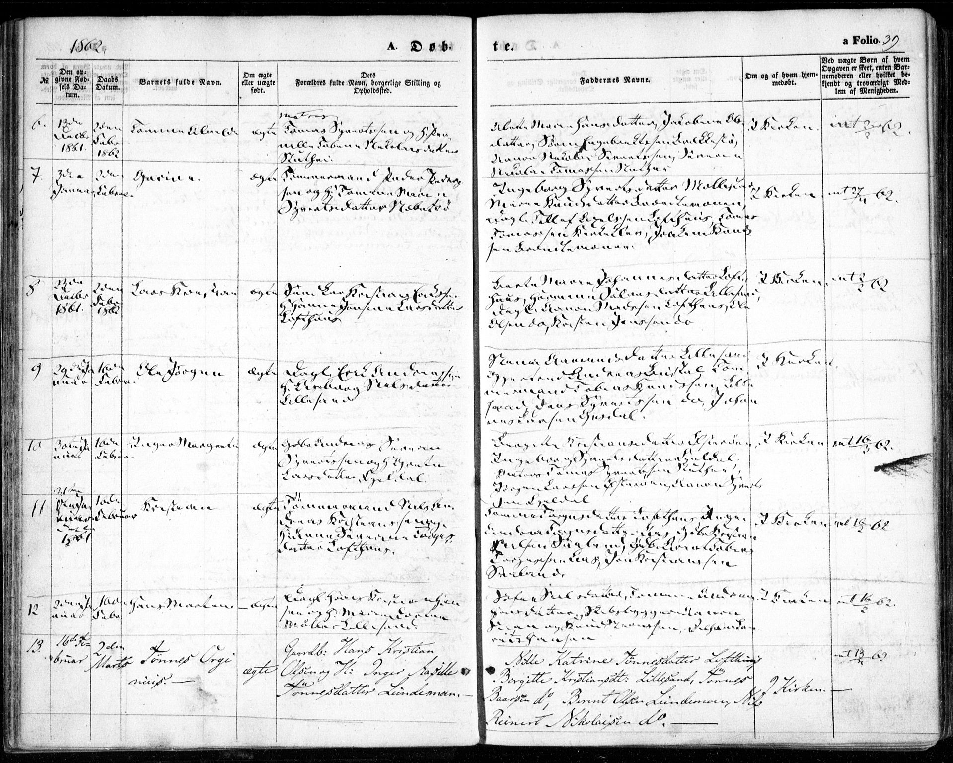 Vestre Moland sokneprestkontor, AV/SAK-1111-0046/F/Fa/Fab/L0007: Parish register (official) no. A 7, 1859-1872, p. 39