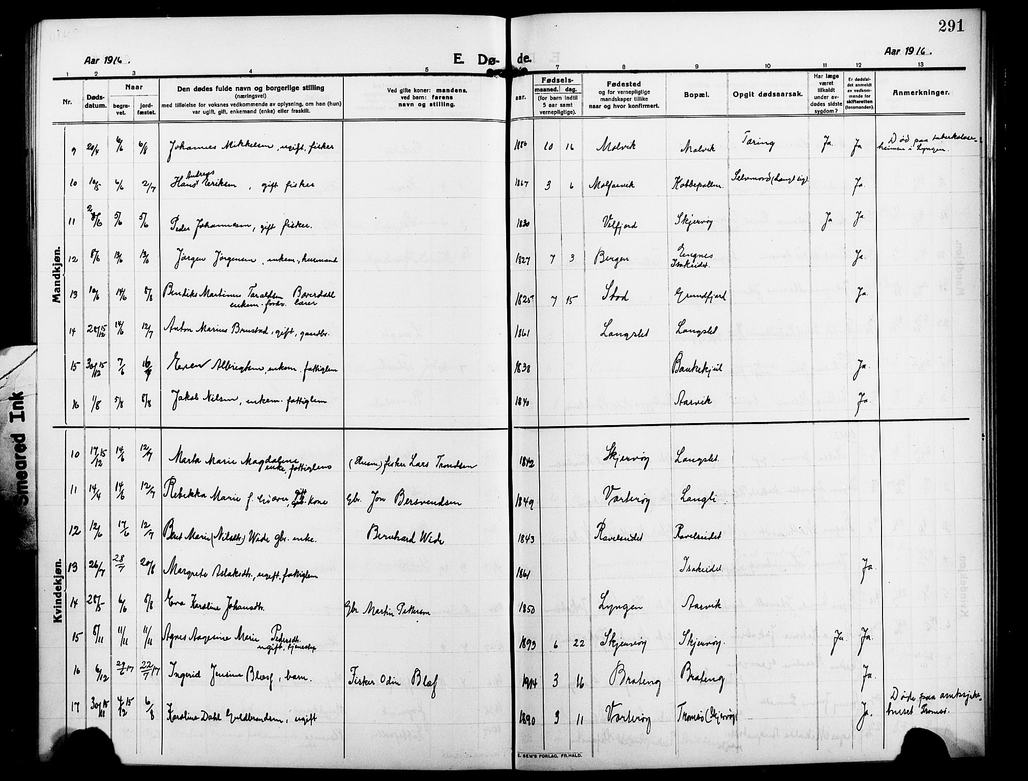 Skjervøy sokneprestkontor, AV/SATØ-S-1300/H/Ha/Hab/L0009klokker: Parish register (copy) no. 9, 1911-1926, p. 291