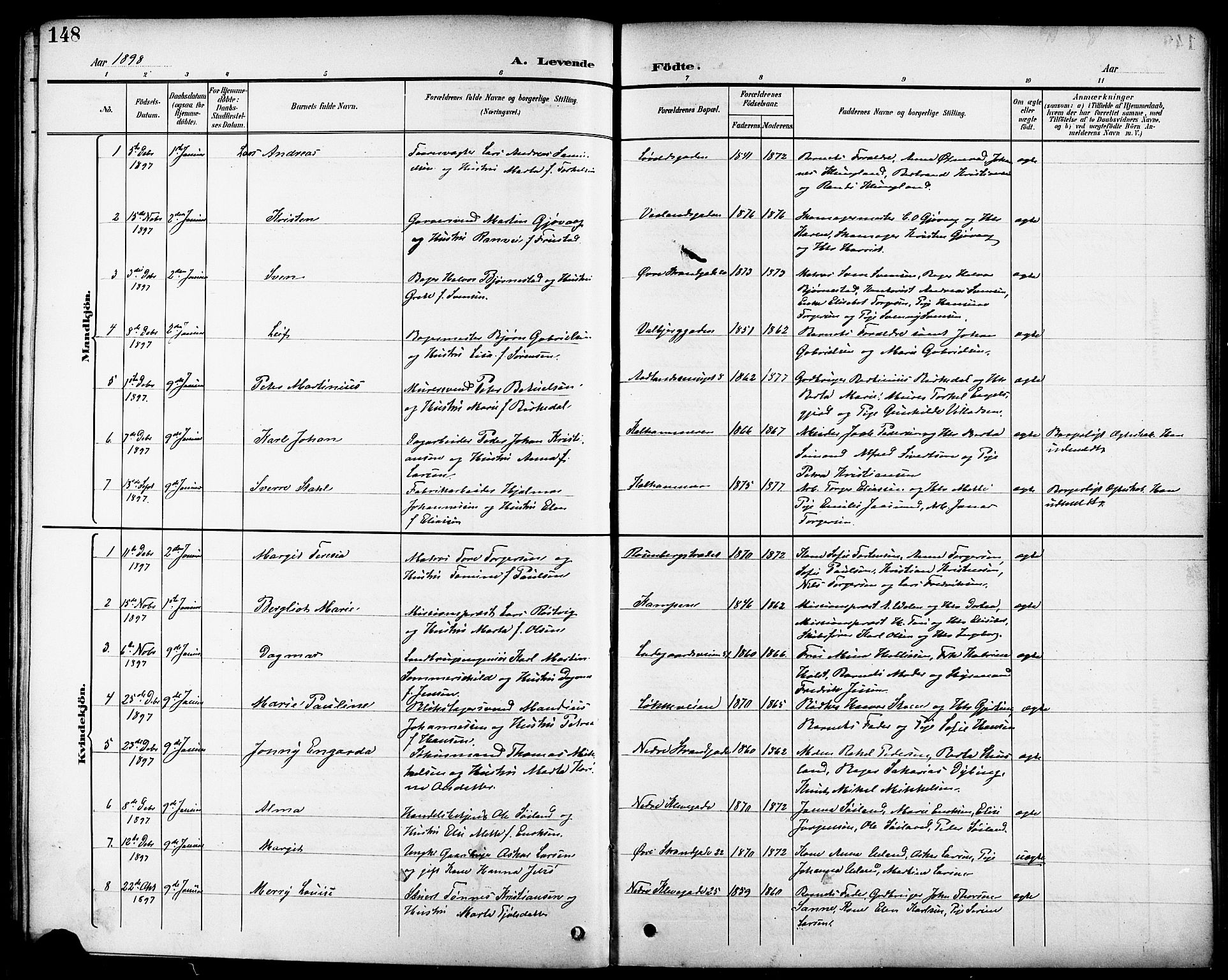 Domkirken sokneprestkontor, SAST/A-101812/001/30/30BB/L0016: Parish register (copy) no. B 16, 1891-1902, p. 148