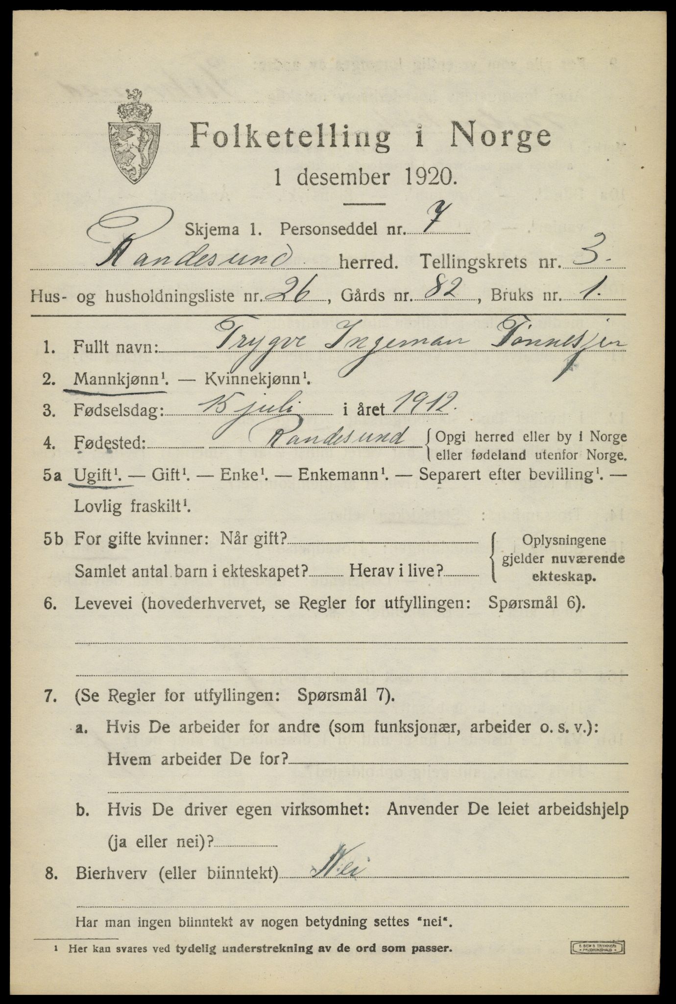 SAK, 1920 census for Randesund, 1920, p. 1752
