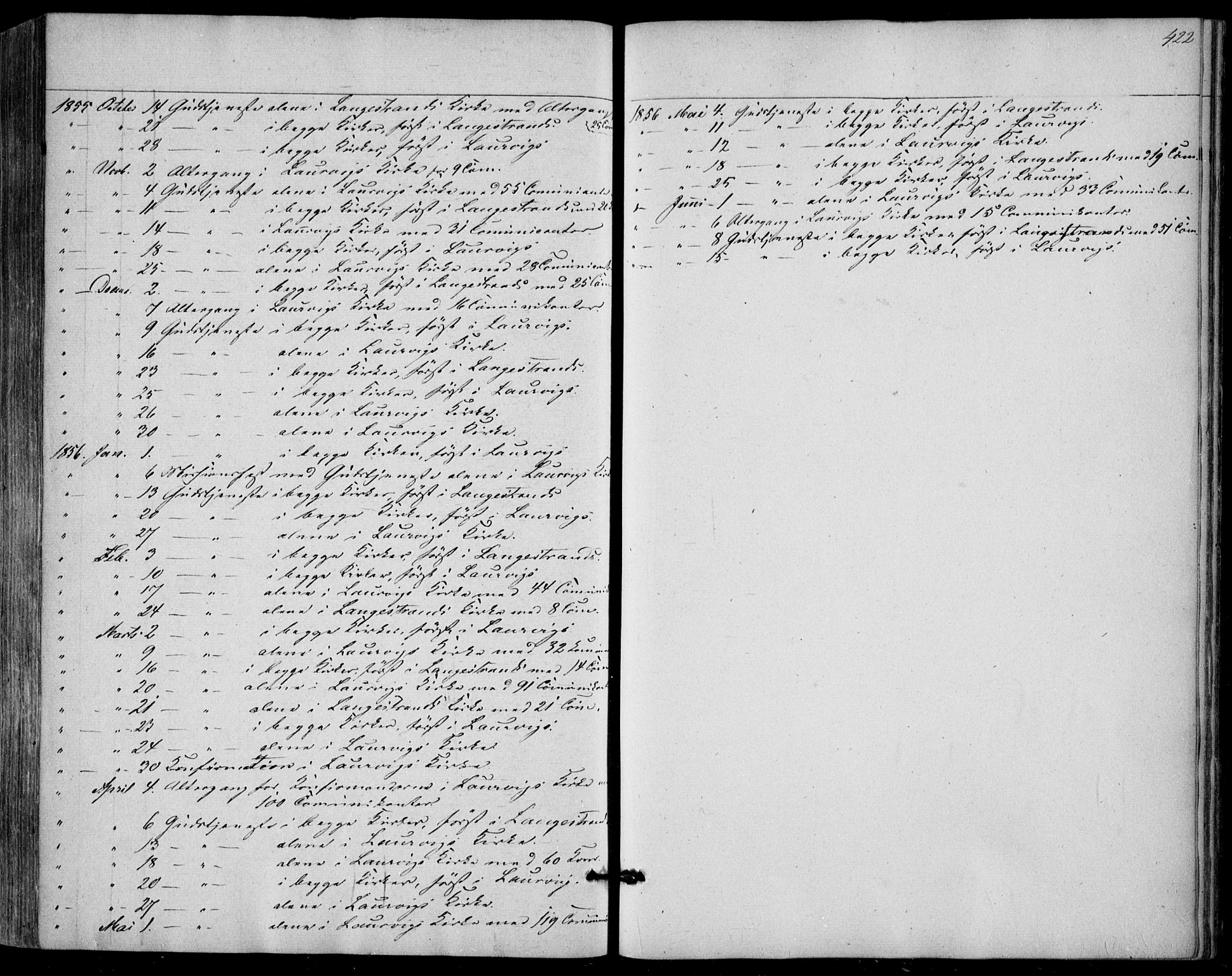 Larvik kirkebøker, SAKO/A-352/F/Fa/L0003: Parish register (official) no. I 3, 1848-1856, p. 422