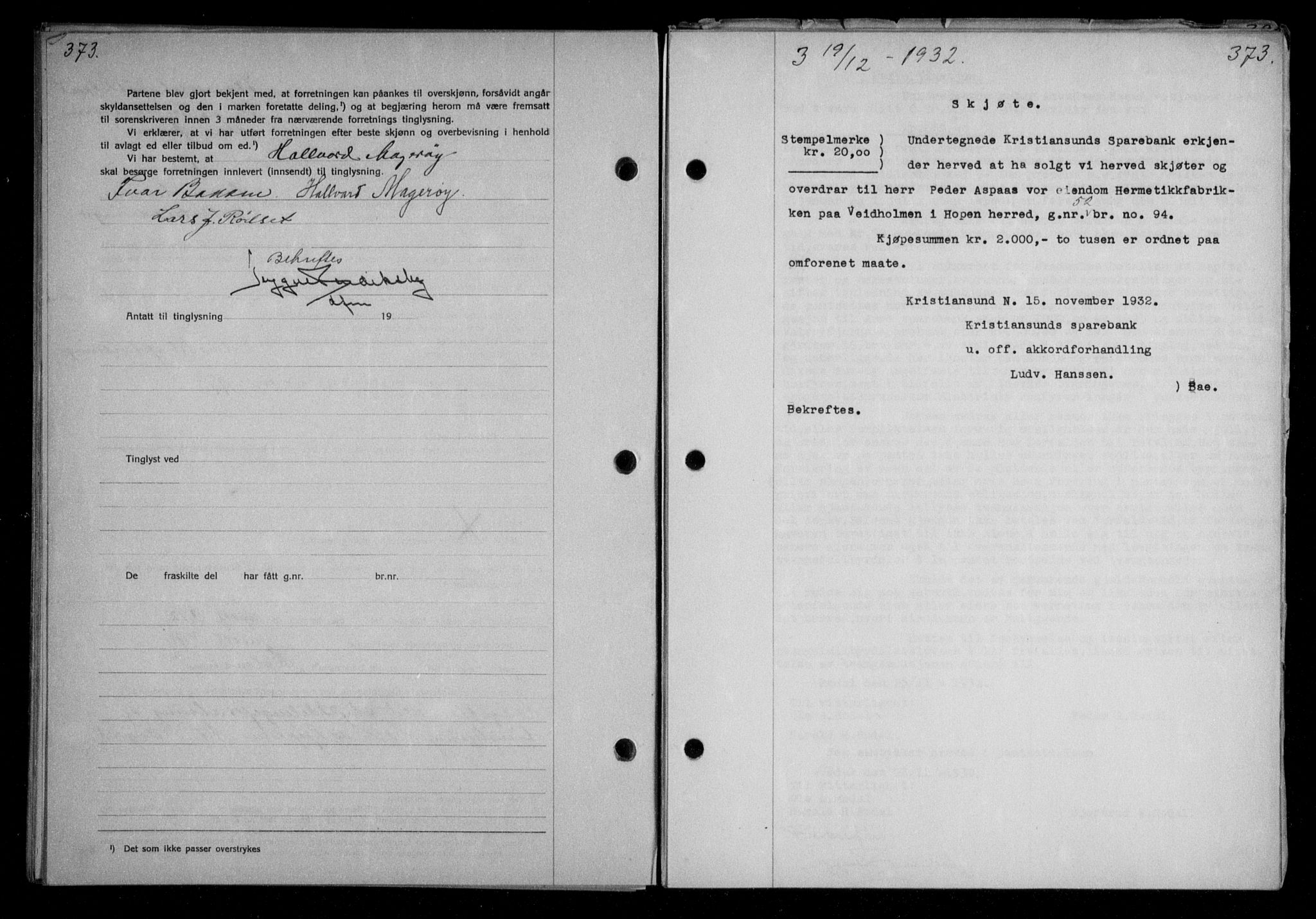 Nordmøre sorenskriveri, AV/SAT-A-4132/1/2/2Ca/L0076: Mortgage book no. 66, 1932-1933, Deed date: 19.12.1932