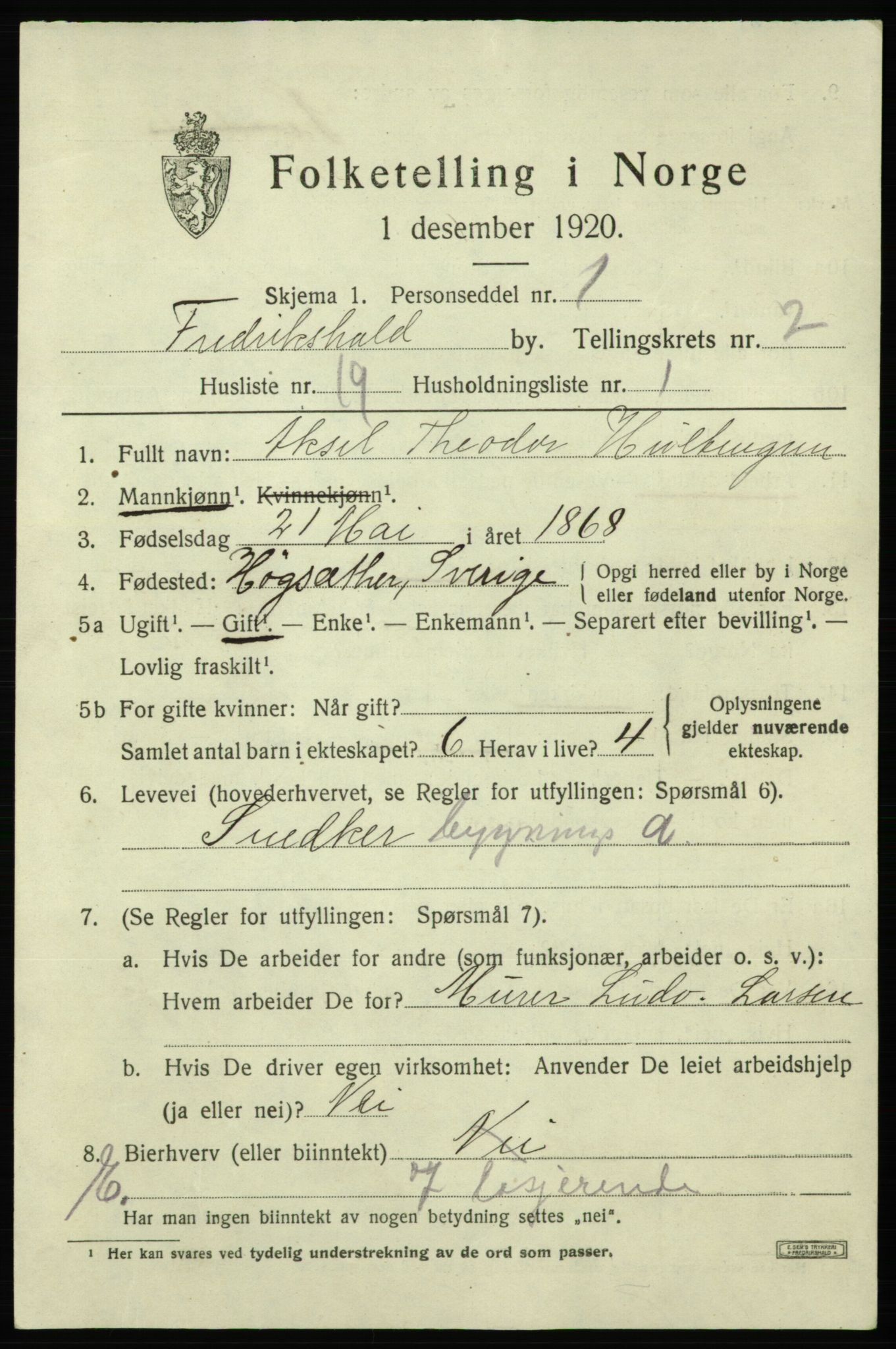 SAO, 1920 census for Fredrikshald, 1920, p. 9700