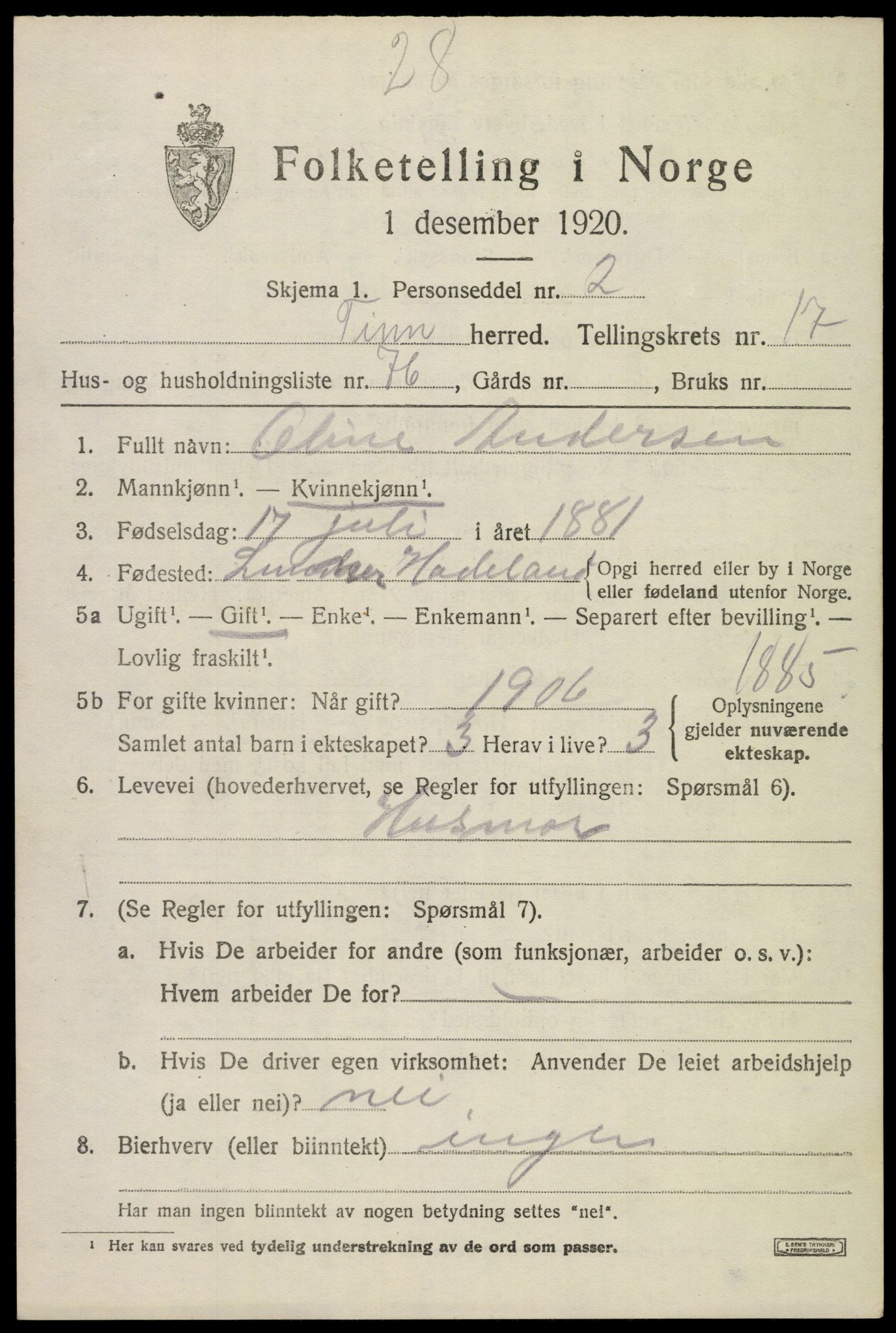 SAKO, 1920 census for Tinn, 1920, p. 20400