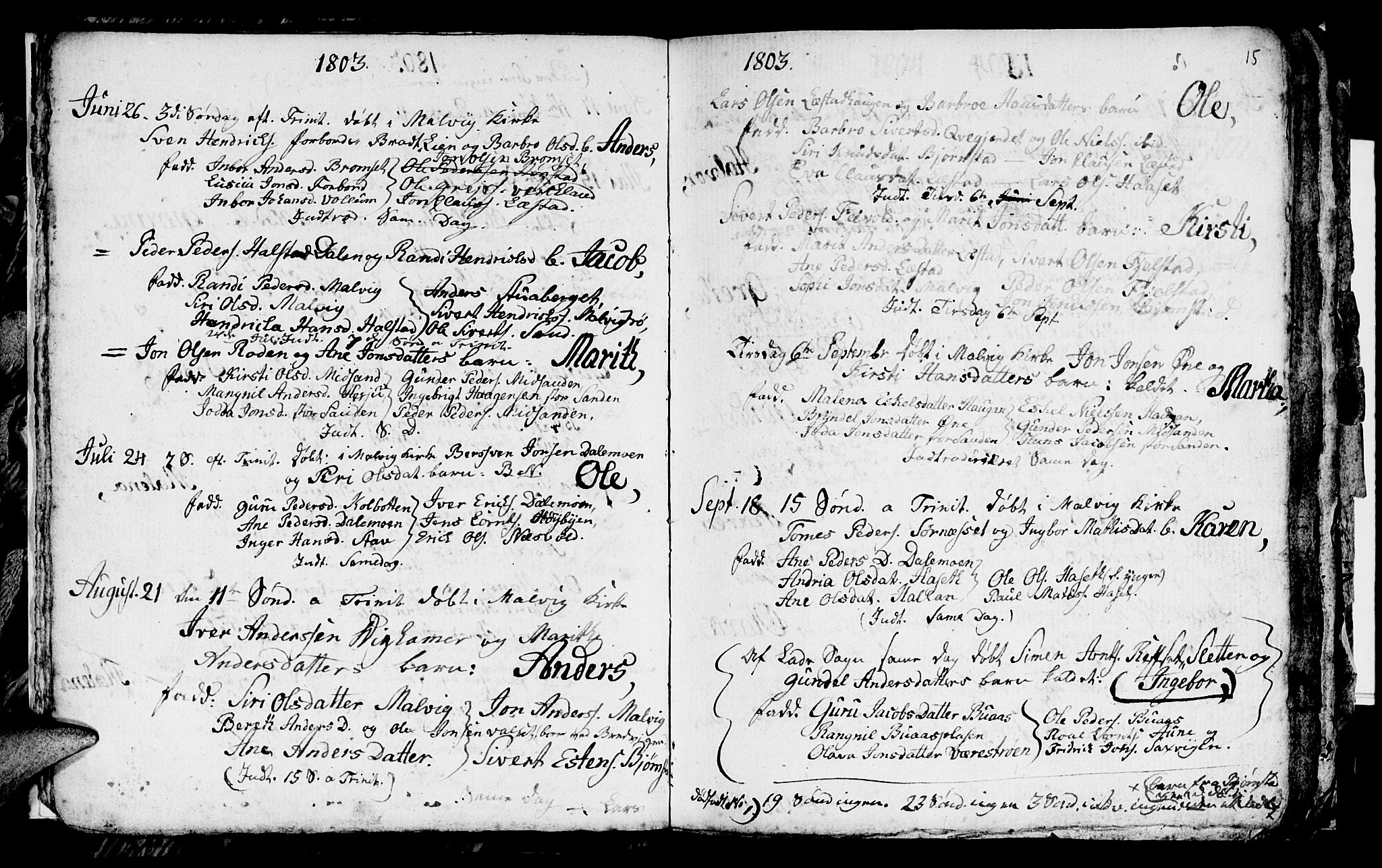 Ministerialprotokoller, klokkerbøker og fødselsregistre - Sør-Trøndelag, SAT/A-1456/616/L0419: Parish register (copy) no. 616C02, 1797-1816, p. 15
