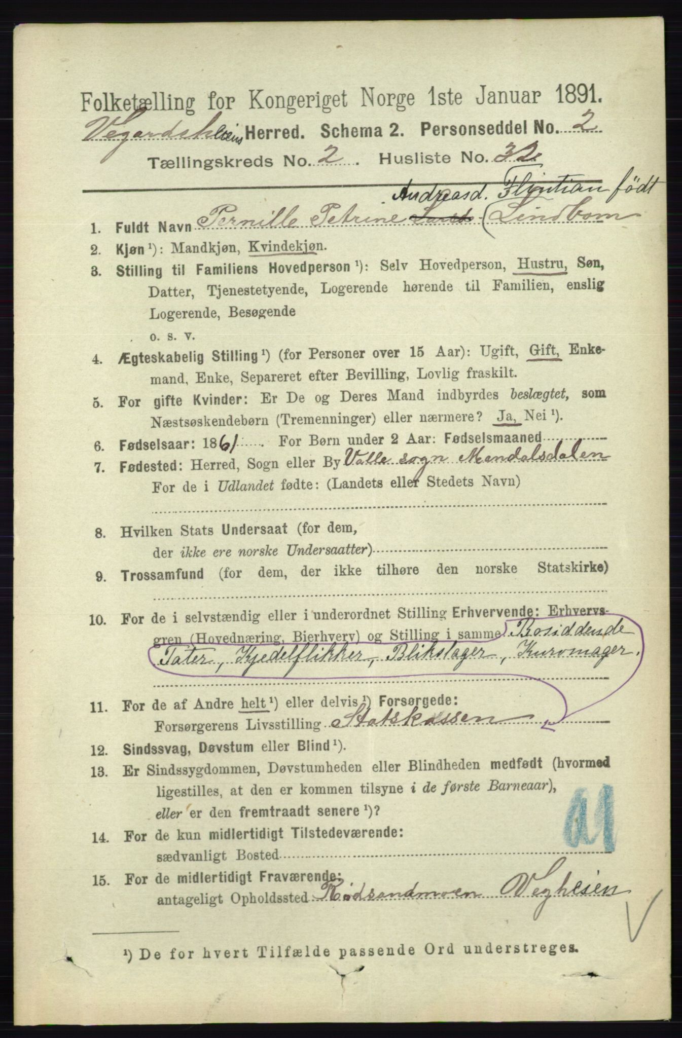 RA, 1891 census for 0912 Vegårshei, 1891, p. 600