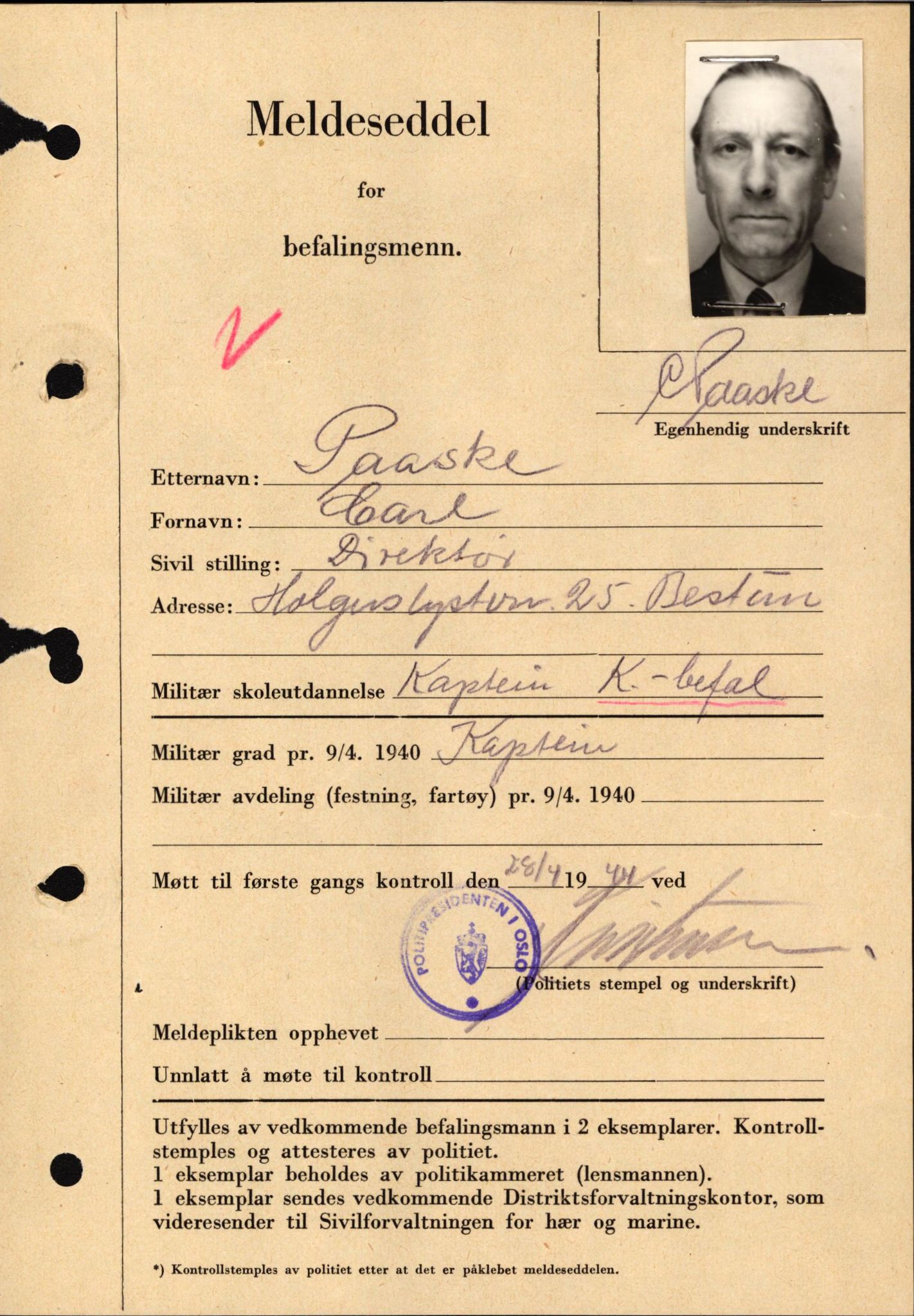 Forsvaret, Forsvarets krigshistoriske avdeling, AV/RA-RAFA-2017/Y/Yf/L0209: II-C-11-2121  -  Okkupasjonstiden.  Meldesedler for befal med foto og oppl. om militær grad 9. apr. 1940., 1944-1945, p. 496