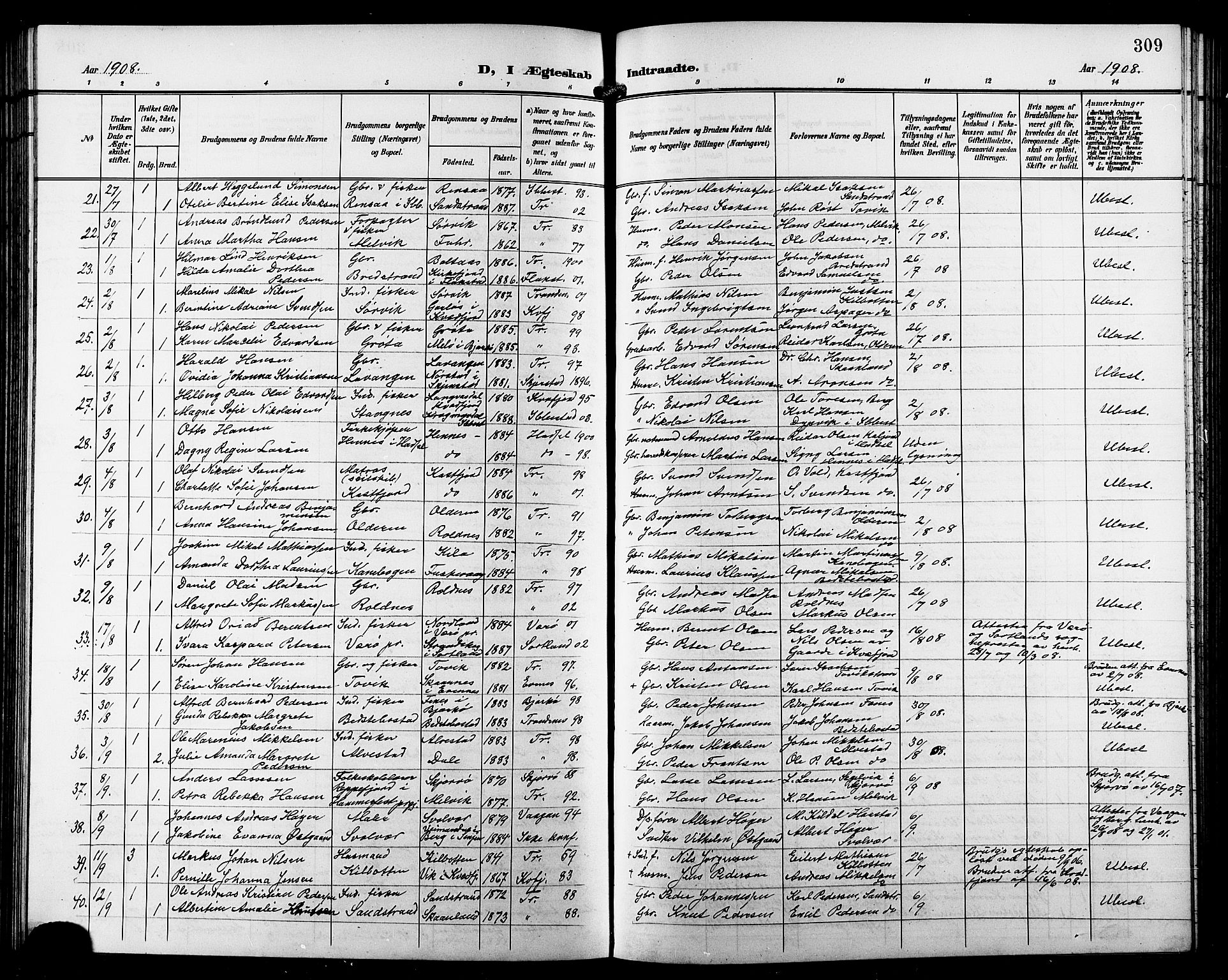 Trondenes sokneprestkontor, AV/SATØ-S-1319/H/Hb/L0012klokker: Parish register (copy) no. 12, 1907-1916, p. 309