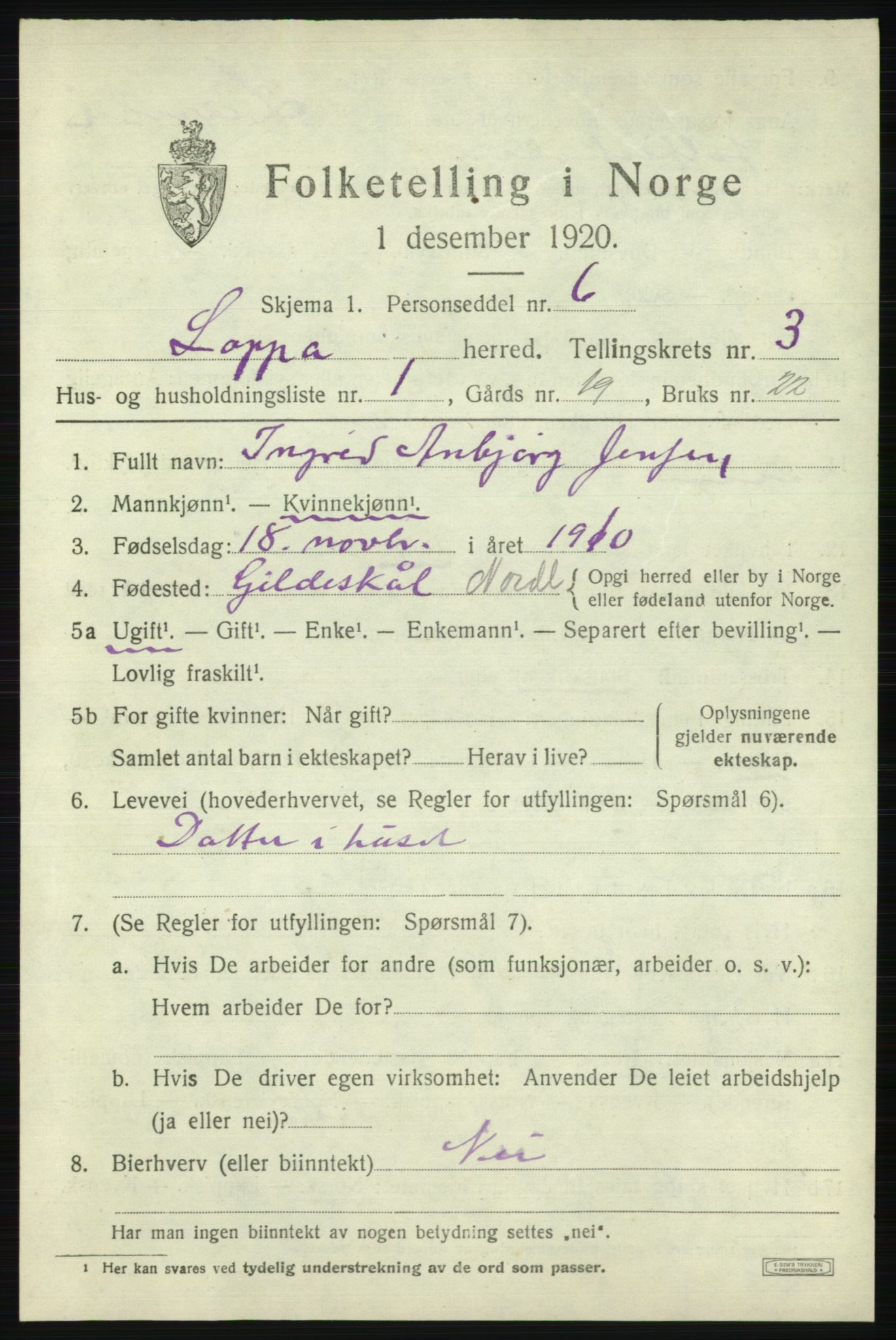 SATØ, 1920 census for Loppa, 1920, p. 1024