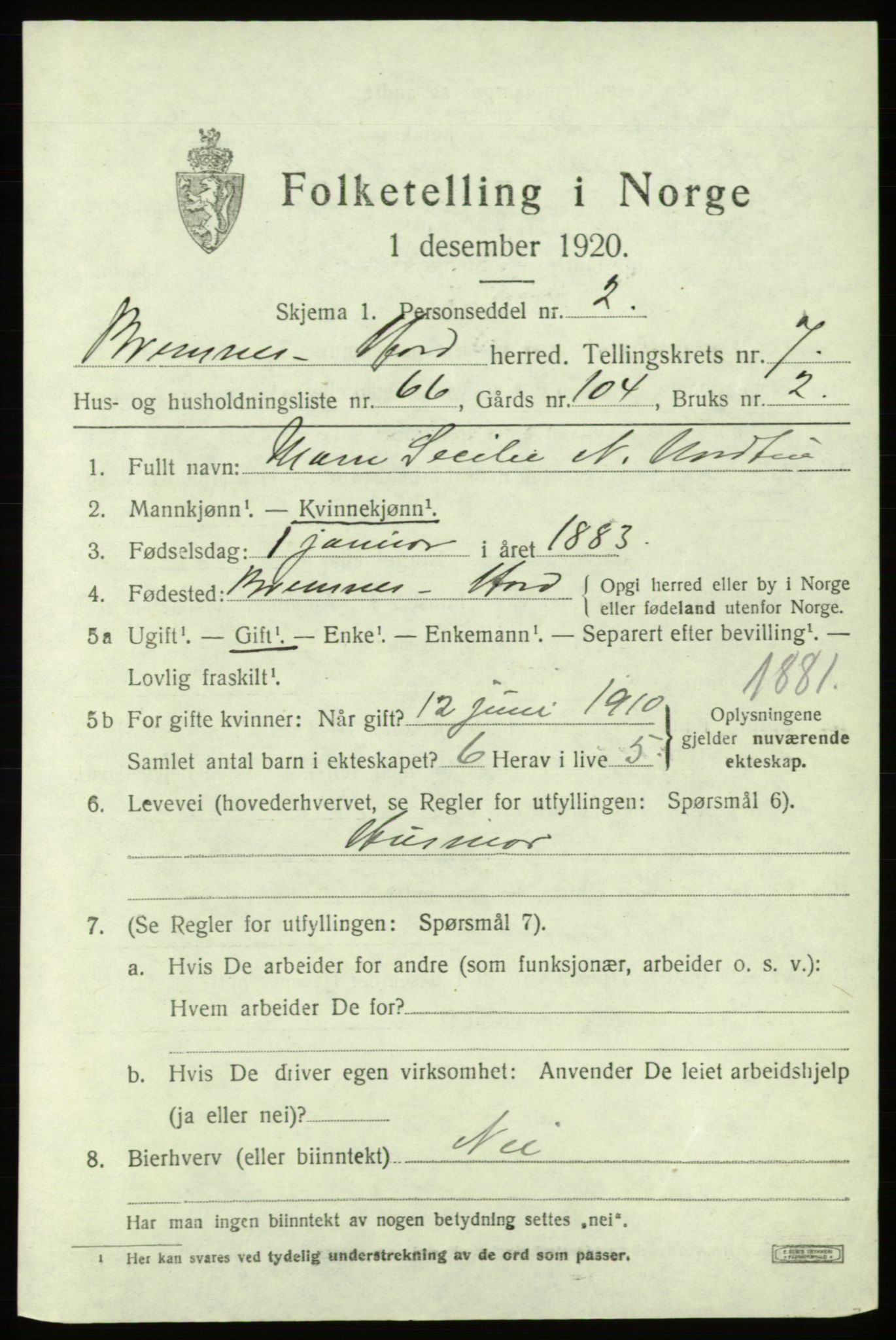 SAB, 1920 census for Bremnes, 1920, p. 4886