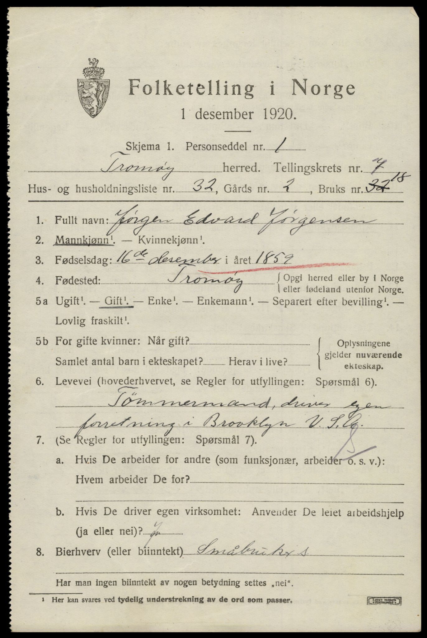 SAK, 1920 census for Tromøy, 1920, p. 5351