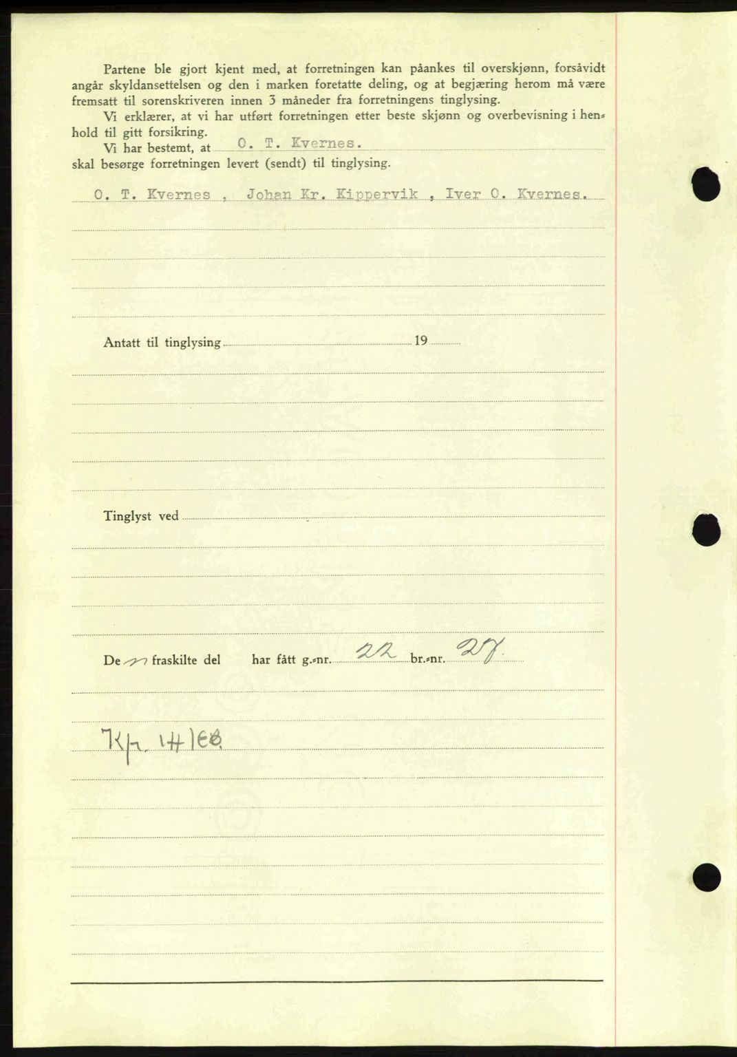 Nordmøre sorenskriveri, SAT/A-4132/1/2/2Ca: Mortgage book no. A90, 1941-1941, Diary no: : 1533/1941