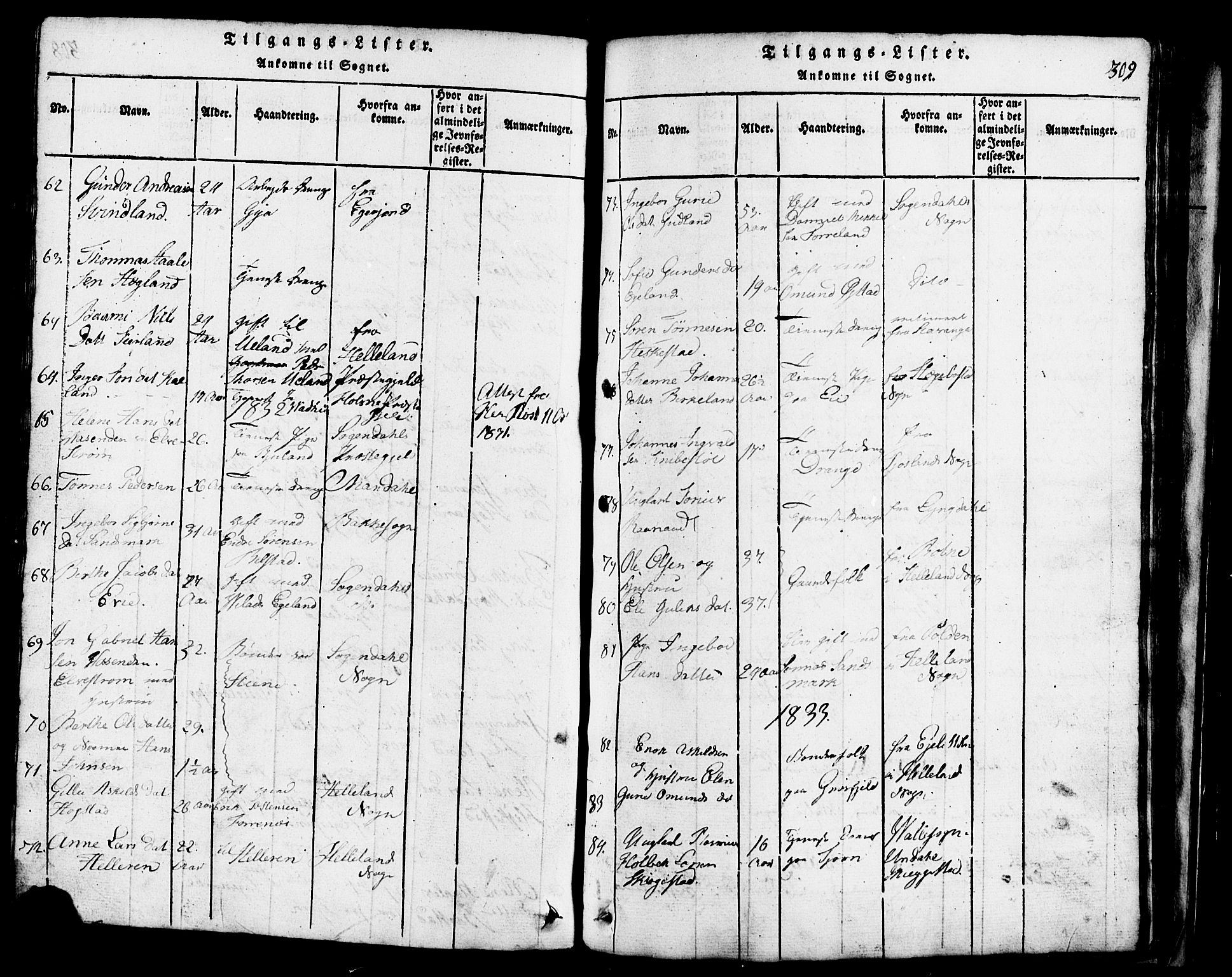 Lund sokneprestkontor, SAST/A-101809/S07/L0001: Parish register (copy) no. B 1, 1815-1853, p. 309