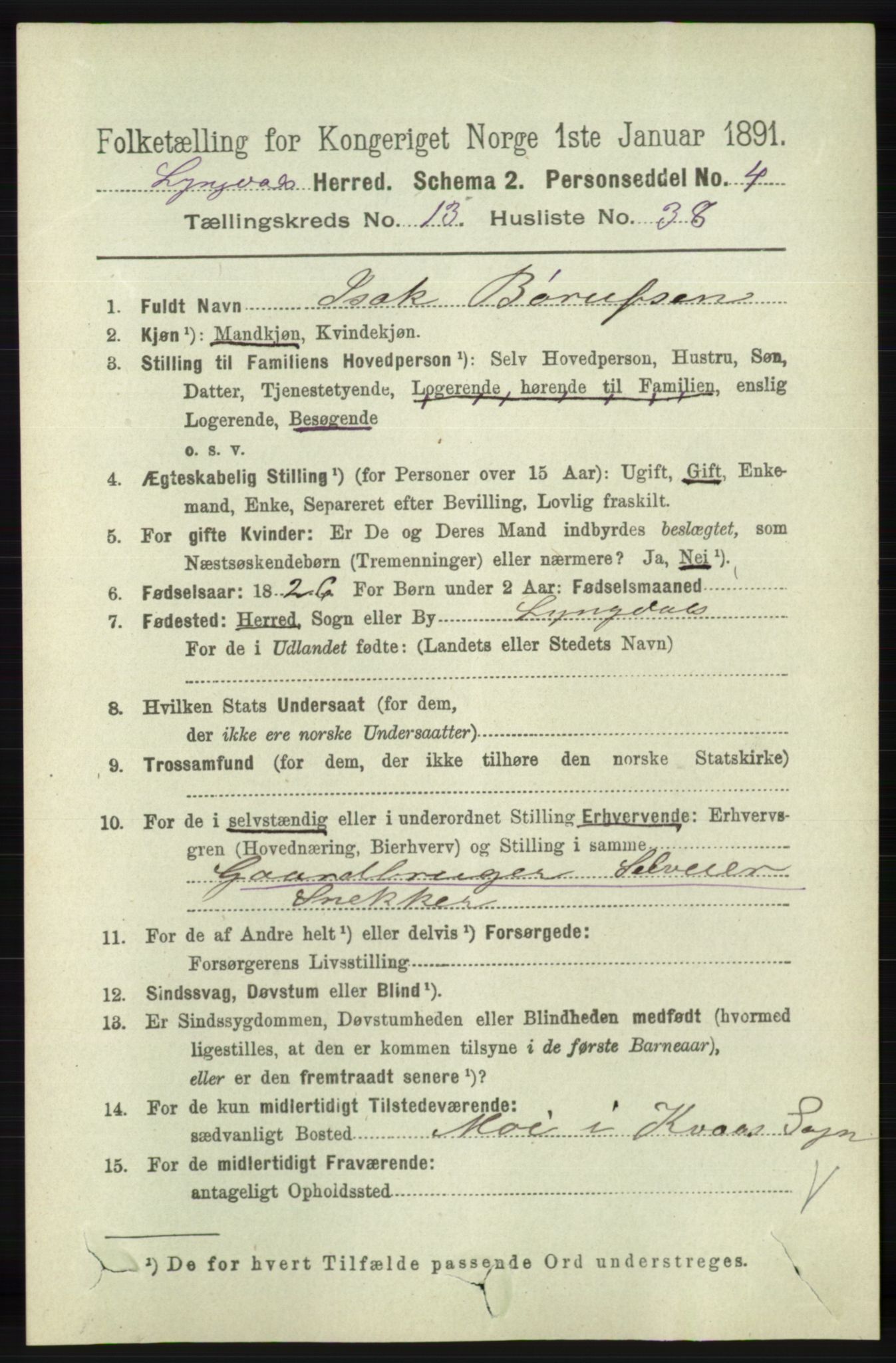 RA, 1891 census for 1032 Lyngdal, 1891, p. 5797