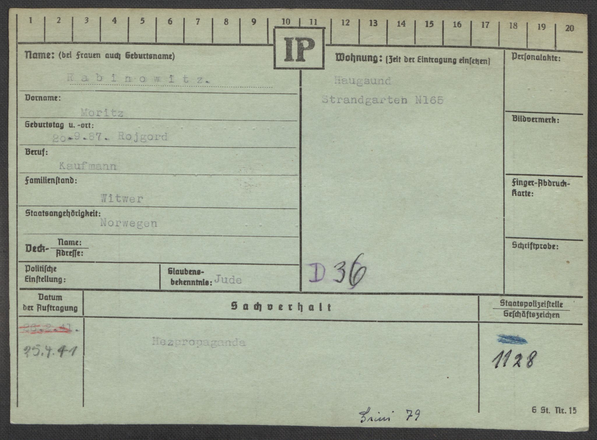 Befehlshaber der Sicherheitspolizei und des SD, AV/RA-RAFA-5969/E/Ea/Eaa/L0008: Register over norske fanger i Møllergata 19: Oelze-Ru, 1940-1945, p. 992