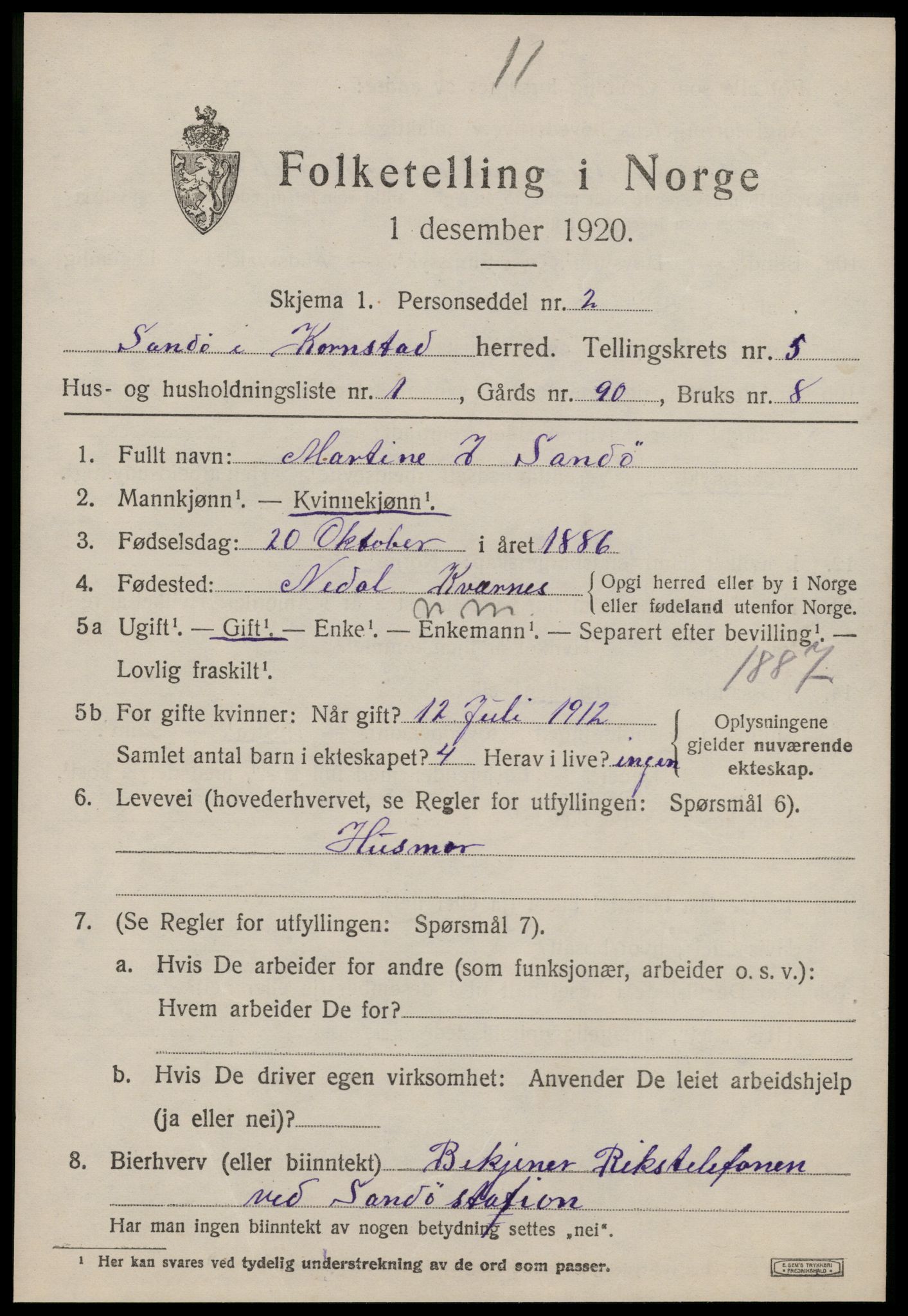 SAT, 1920 census for Kornstad, 1920, p. 2759