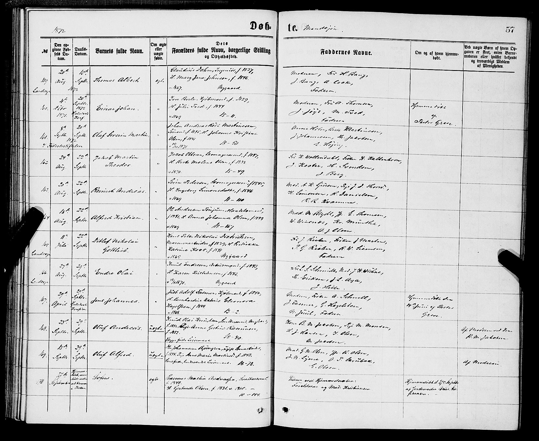 Domkirken sokneprestembete, SAB/A-74801/H/Hab/L0013: Parish register (copy) no. B 6, 1869-1876, p. 57