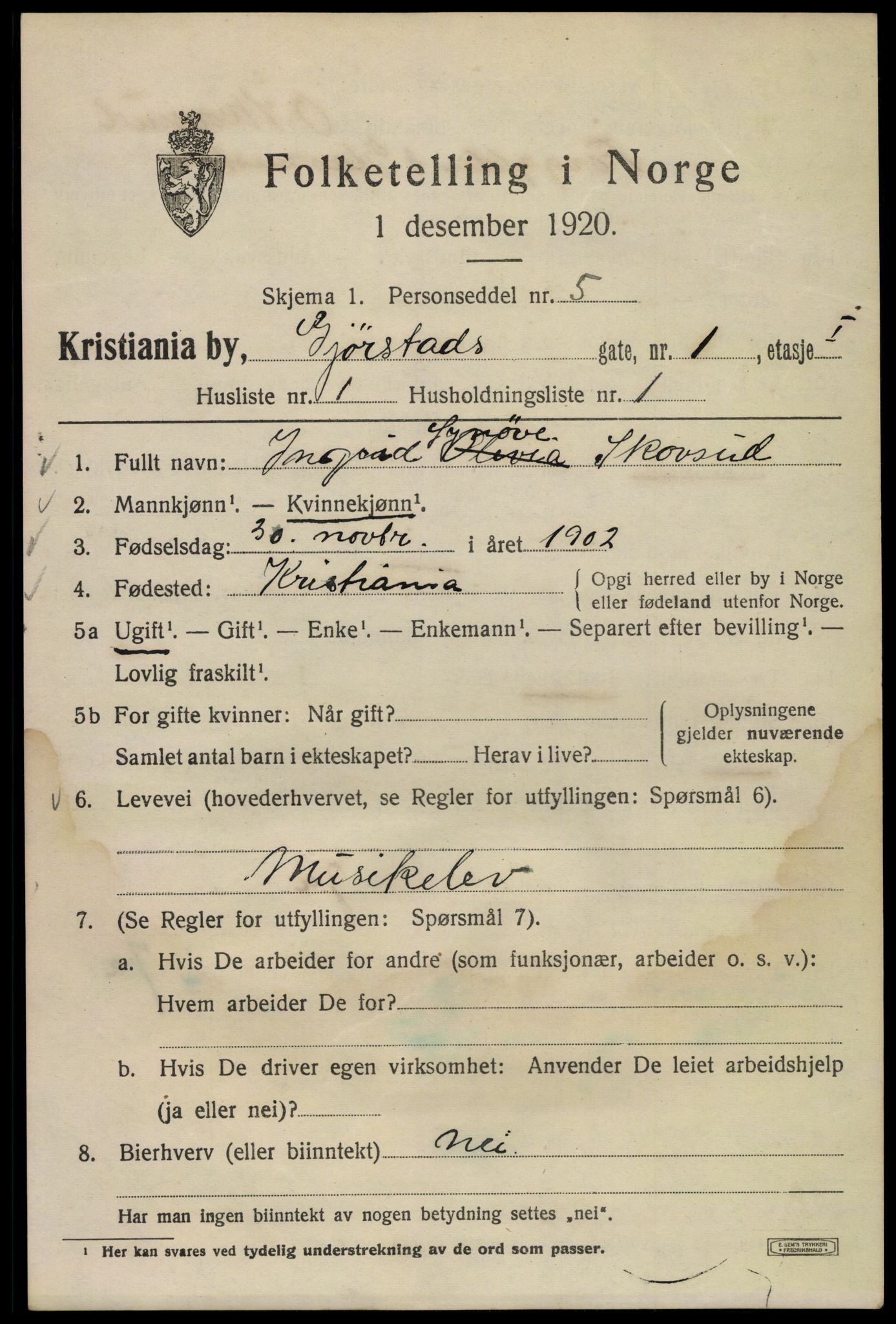 SAO, 1920 census for Kristiania, 1920, p. 250137