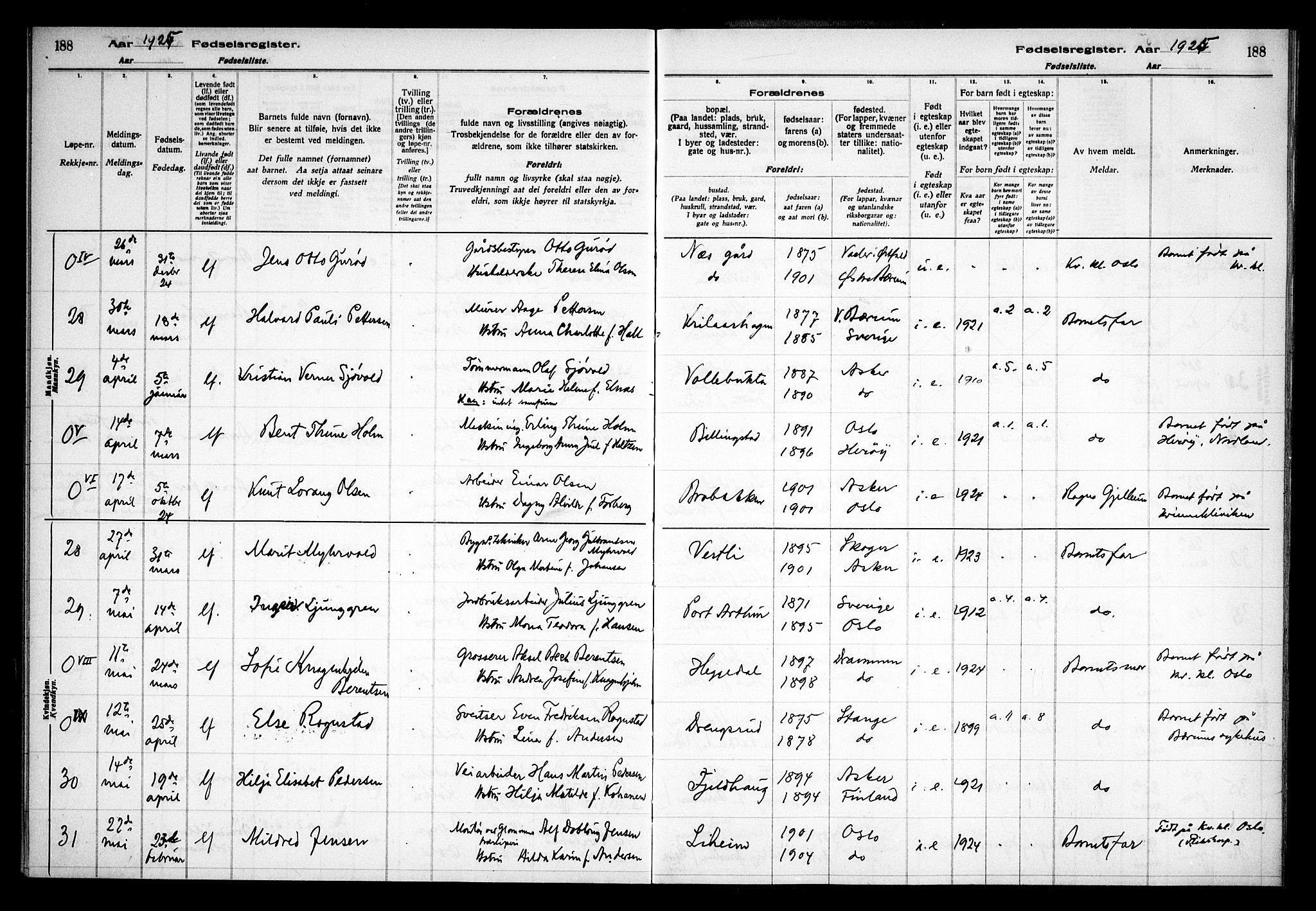 Asker prestekontor Kirkebøker, AV/SAO-A-10256a/J/L0001: Birth register no. 1, 1916-1925, p. 188