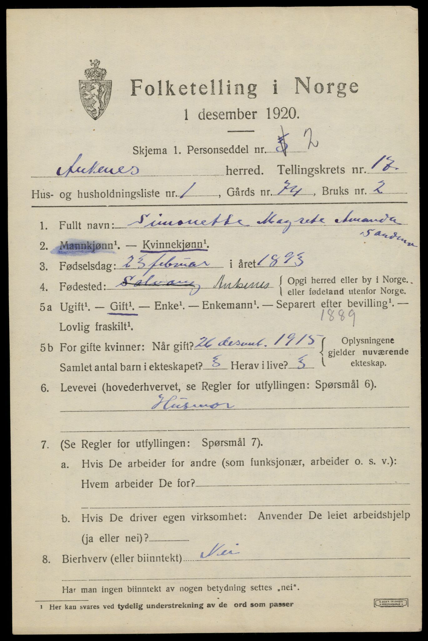 SAT, 1920 census for Ankenes, 1920, p. 7777