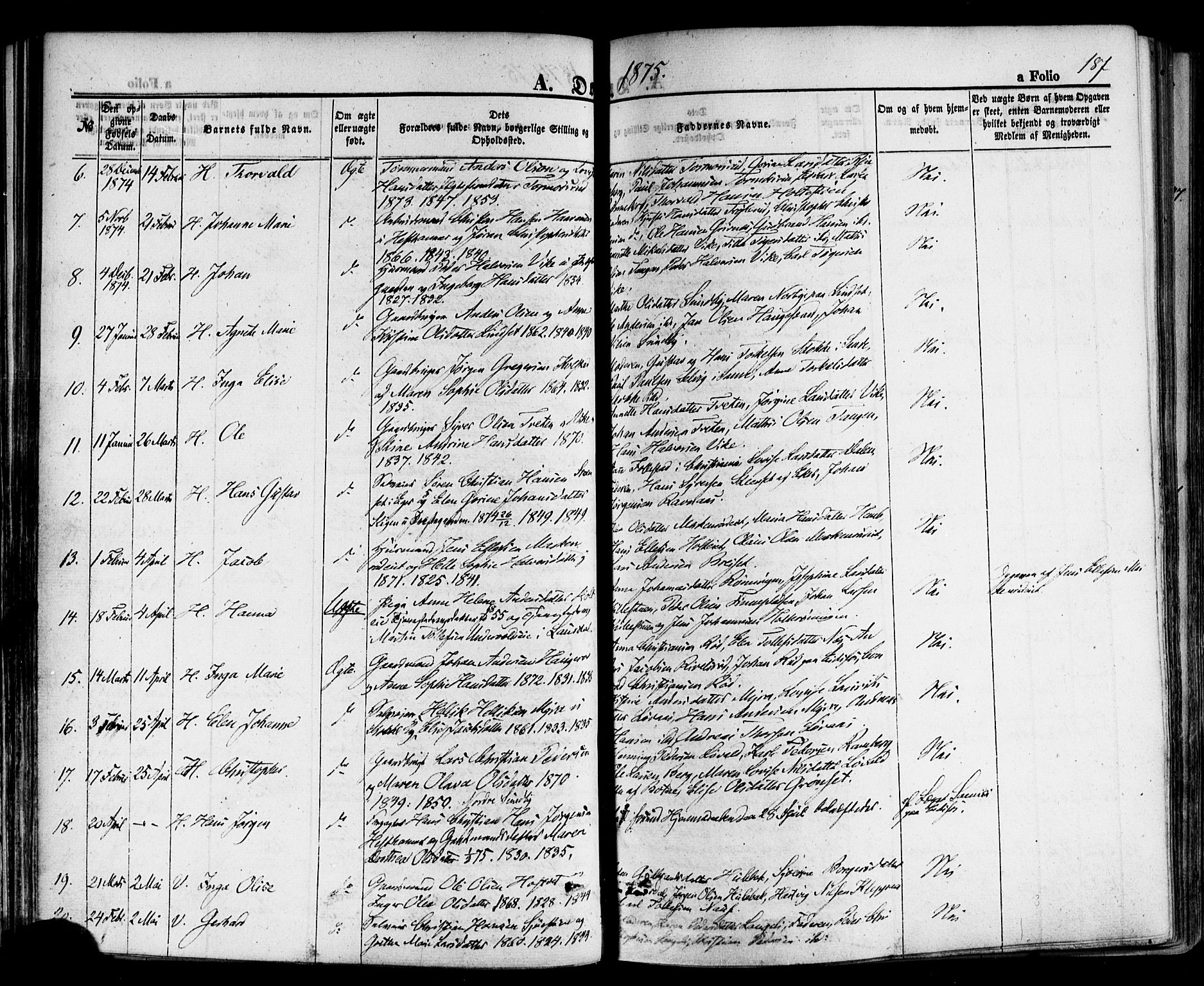 Hof kirkebøker, SAKO/A-64/F/Fa/L0006: Parish register (official) no. I 6, 1851-1877, p. 187