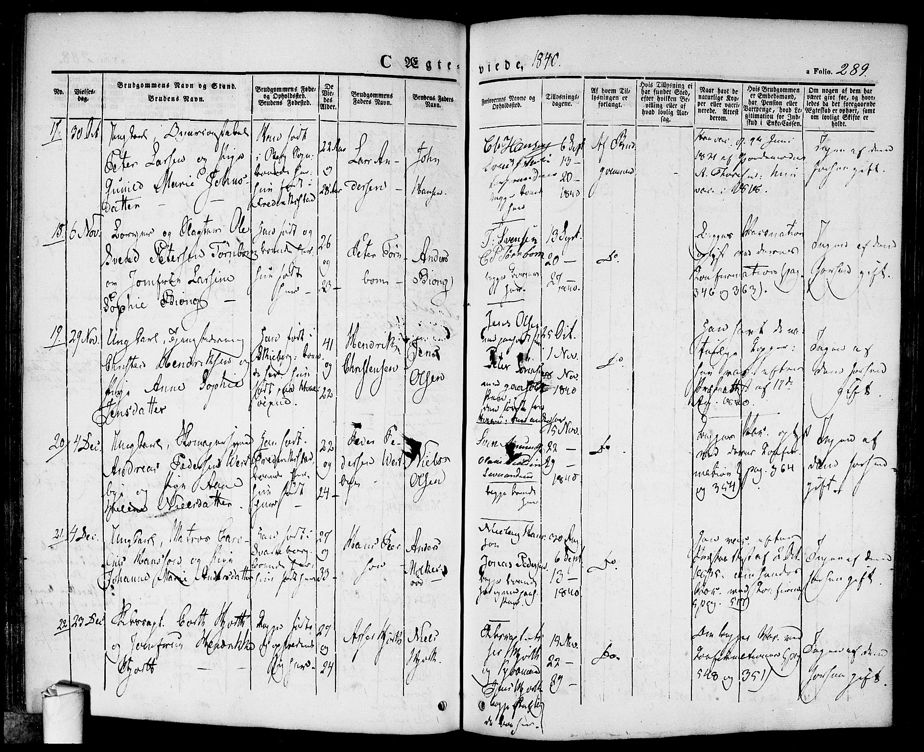 Halden prestekontor Kirkebøker, SAO/A-10909/F/Fa/L0005: Parish register (official) no. I 5, 1834-1845, p. 289