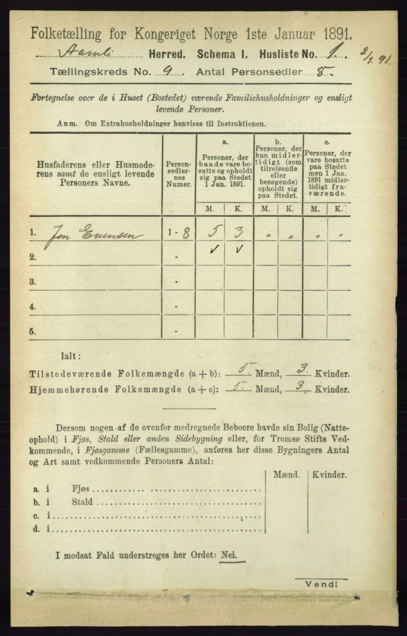 RA, 1891 census for 0929 Åmli, 1891, p. 1427