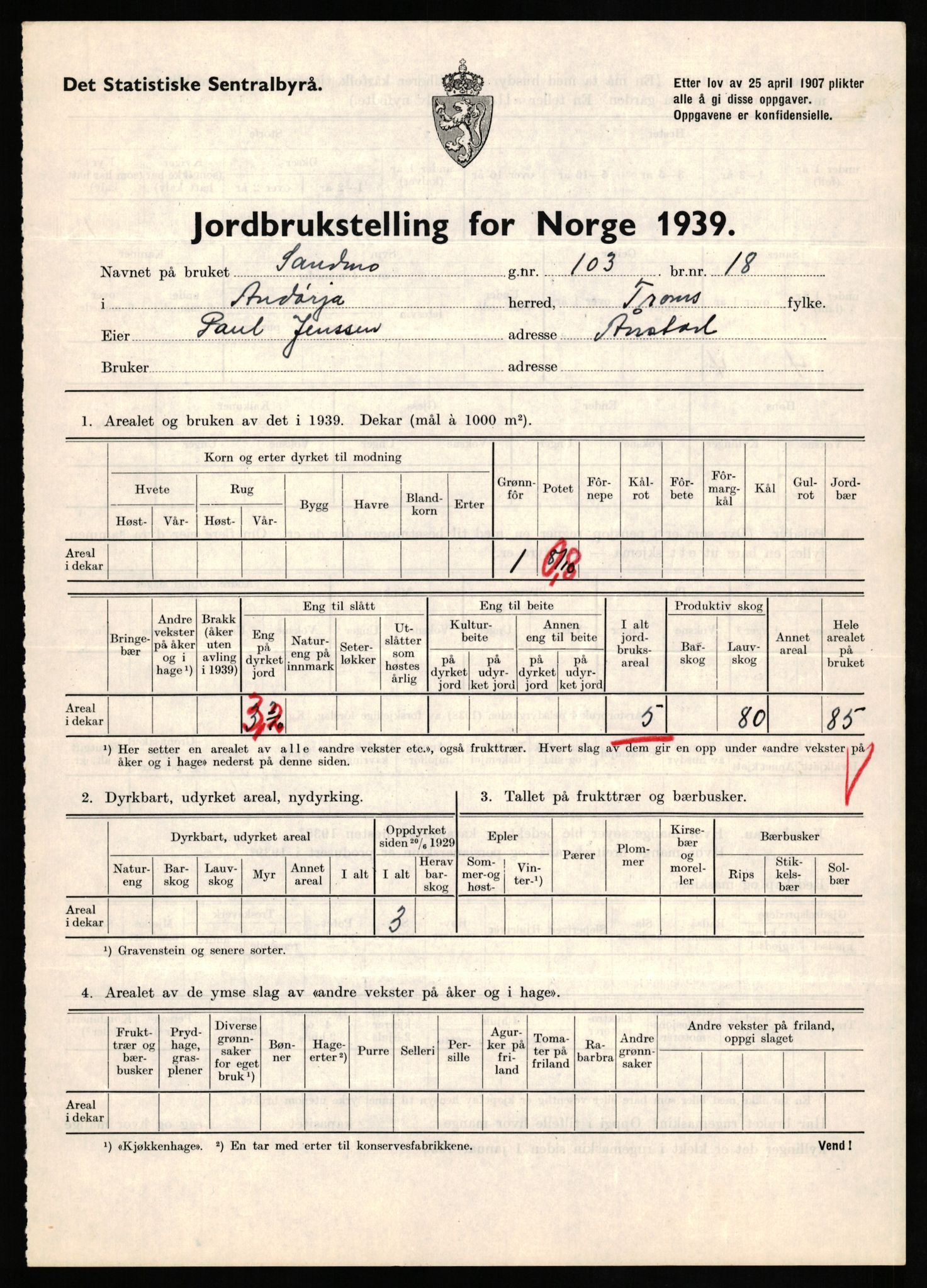 Statistisk sentralbyrå, Næringsøkonomiske emner, Jordbruk, skogbruk, jakt, fiske og fangst, AV/RA-S-2234/G/Gb/L0339: Troms: Andørja, Astafjord og Lavangen, 1939, p. 398