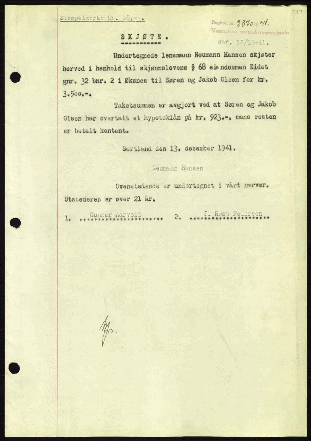 Vesterålen sorenskriveri, SAT/A-4180/1/2/2Ca: Mortgage book no. A12, 1941-1942, Diary no: : 2370/1941